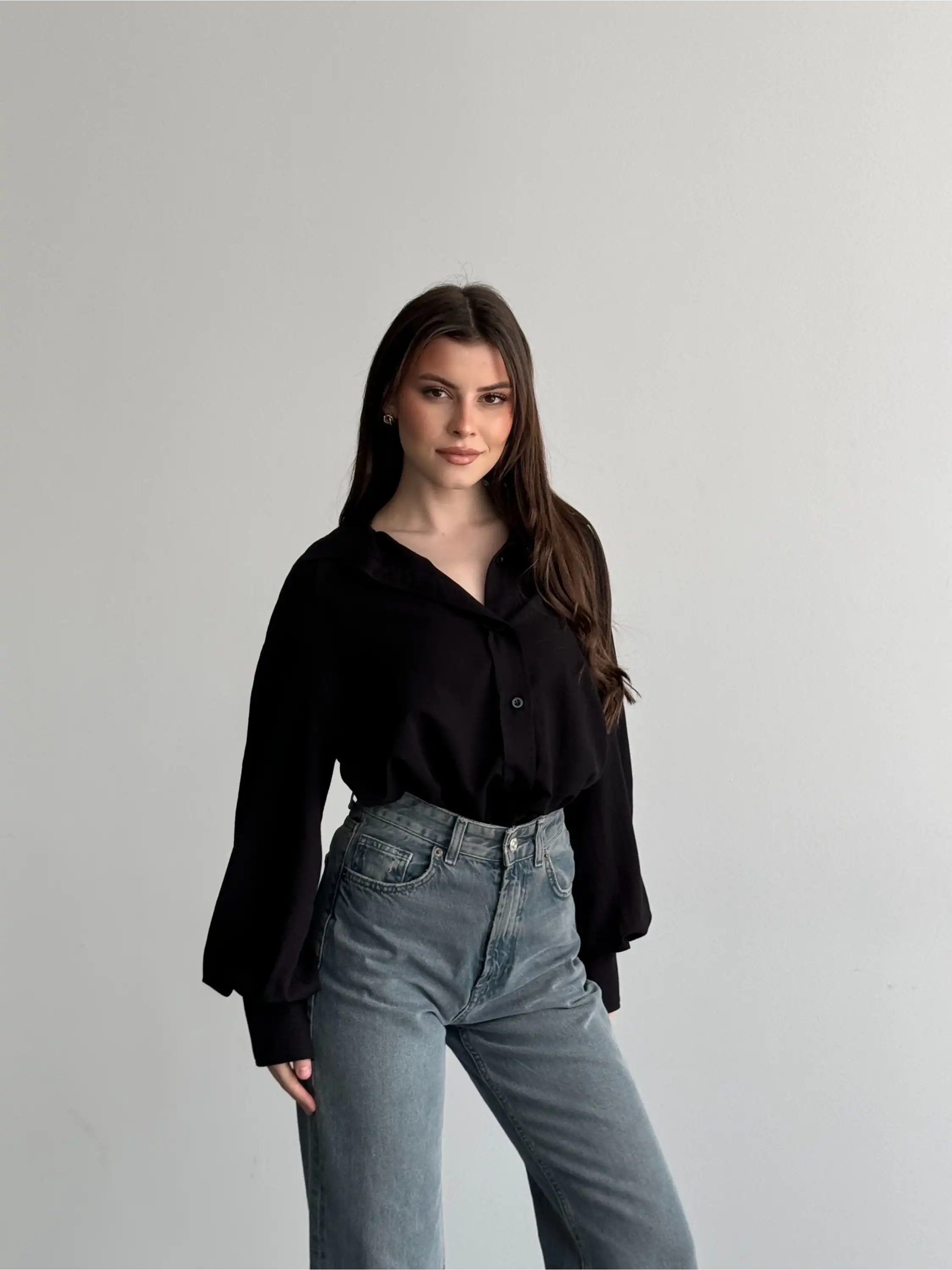 KALIN MANŞETLİ BALON KOL GÖMLEK-SİYAH