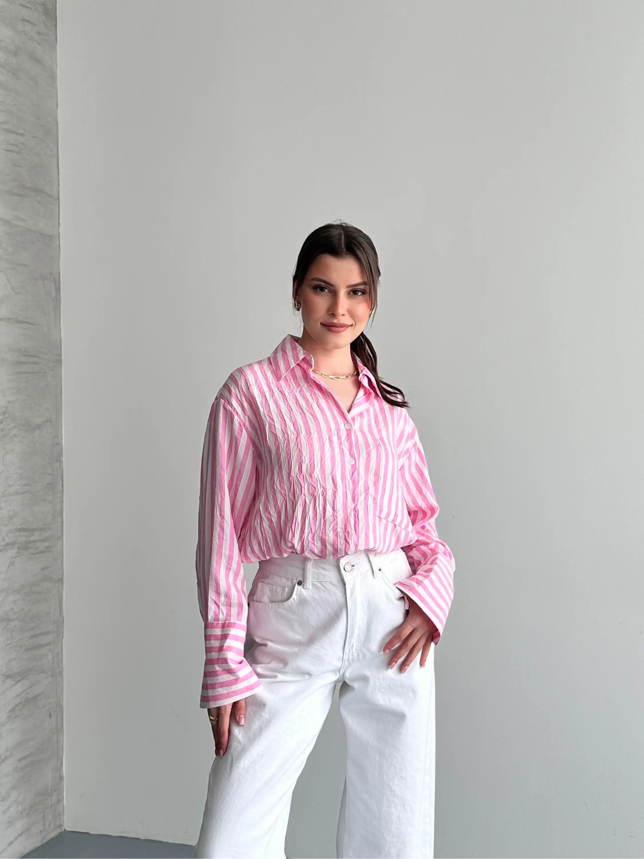 OVERSIZE ÇİZGİLİ CEPLİ GÖMLEK-PEMBE