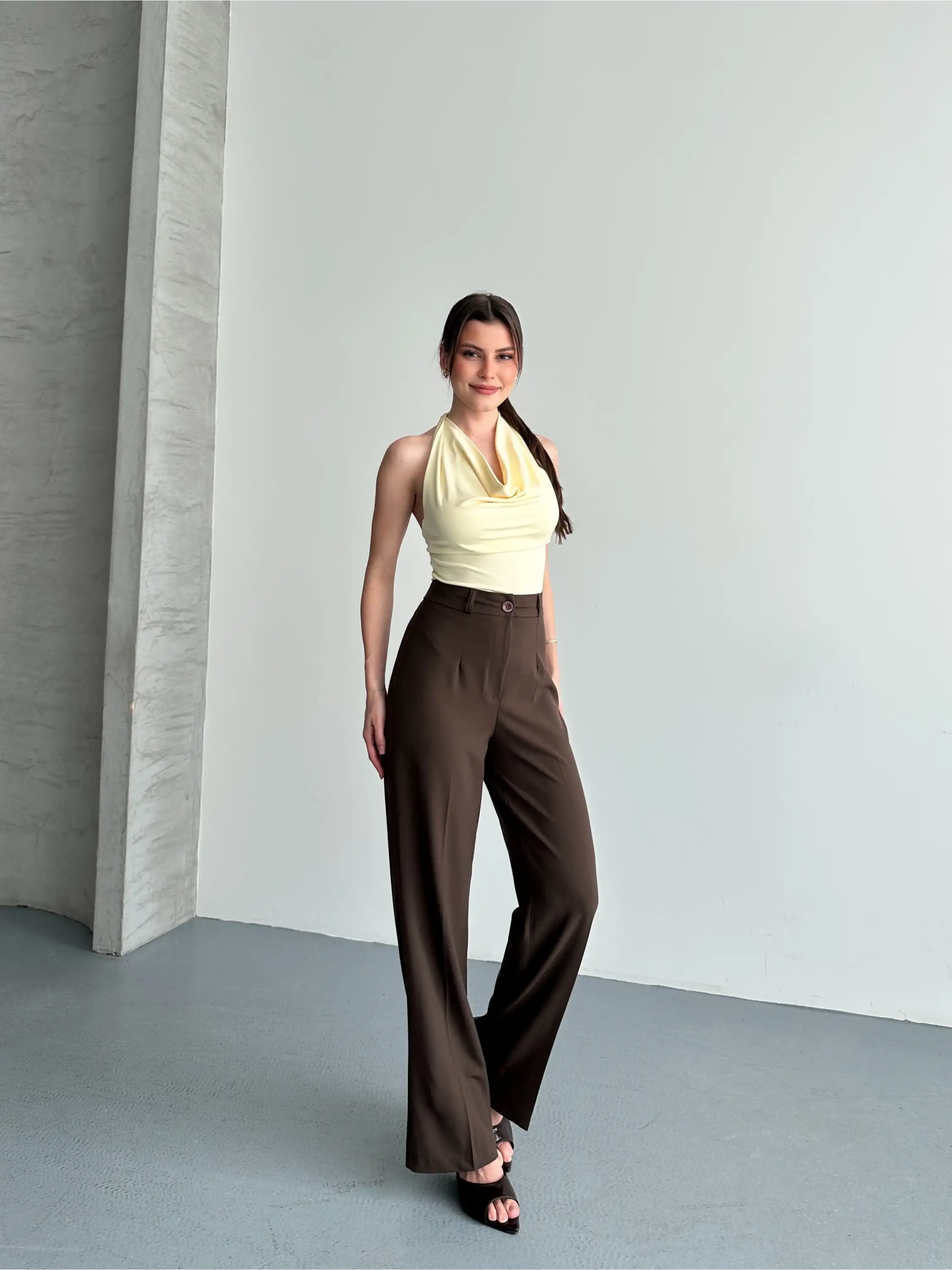 YÜKSEK BEL KETEN PALAZZO PANTOLON-KAHVE