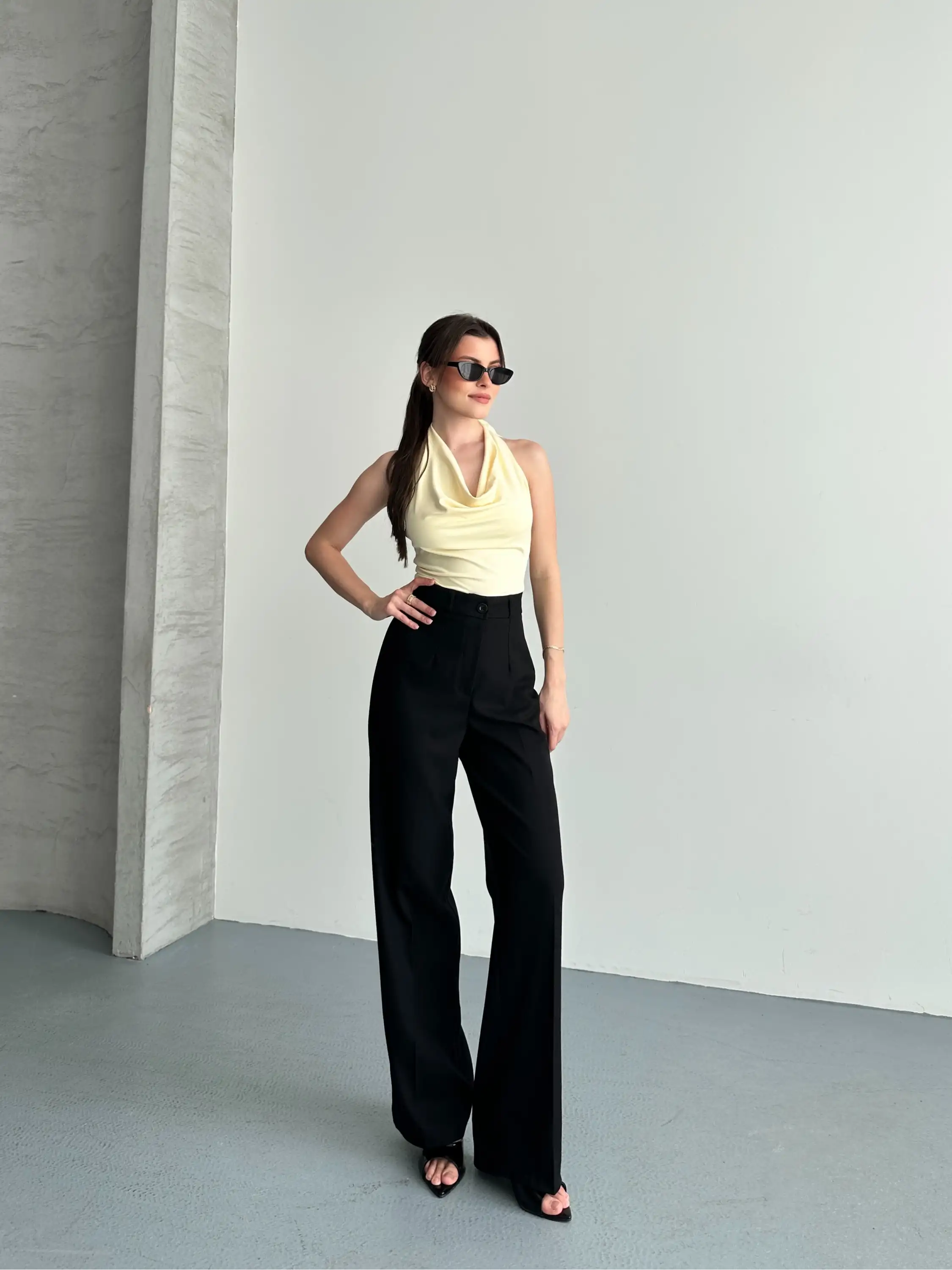 YÜKSEK BEL KETEN PALAZZO PANTOLON-SİYAH