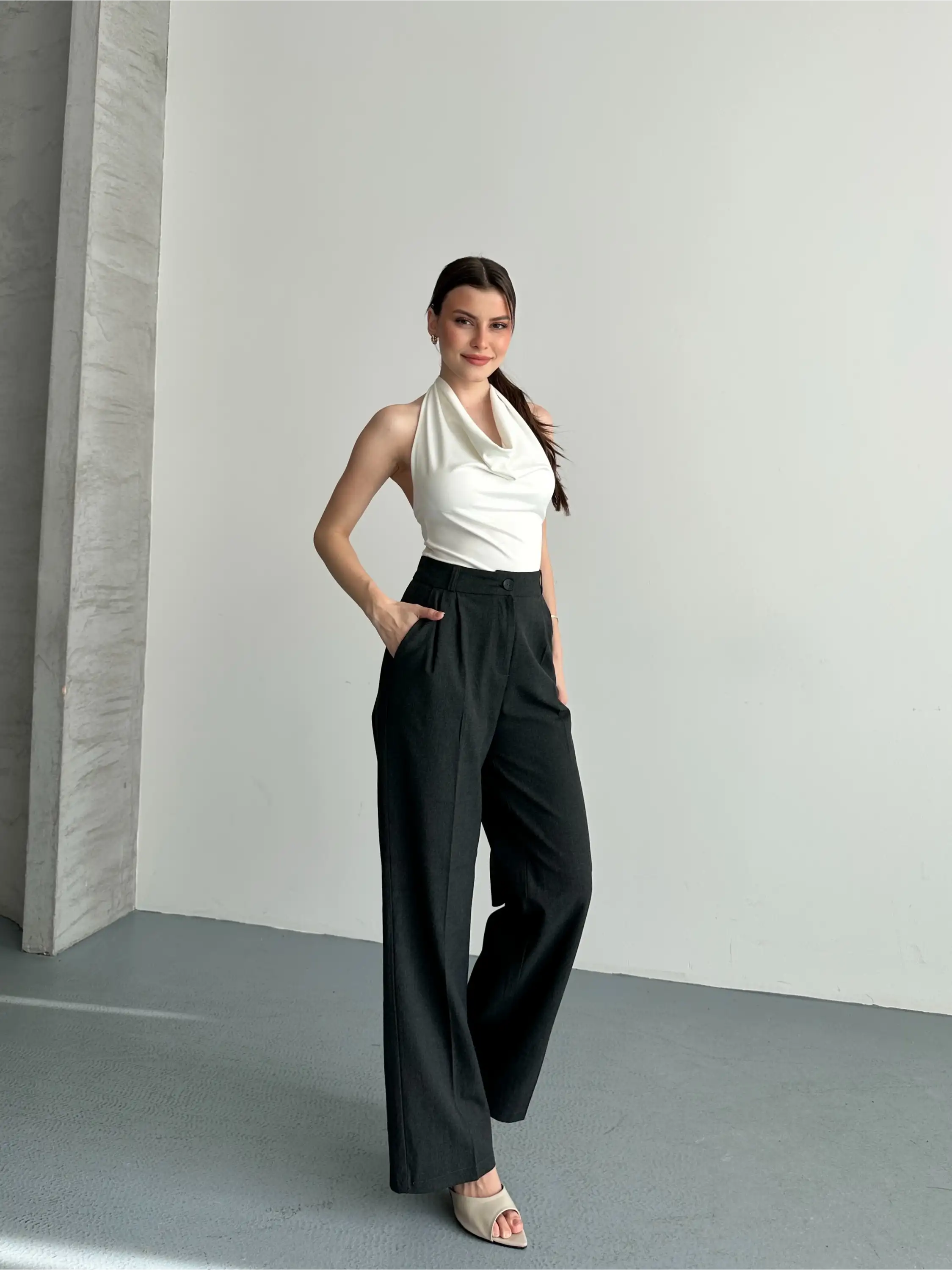 YÜKSEK BEL KETEN PALAZZO PANTOLON-ANTRASİT