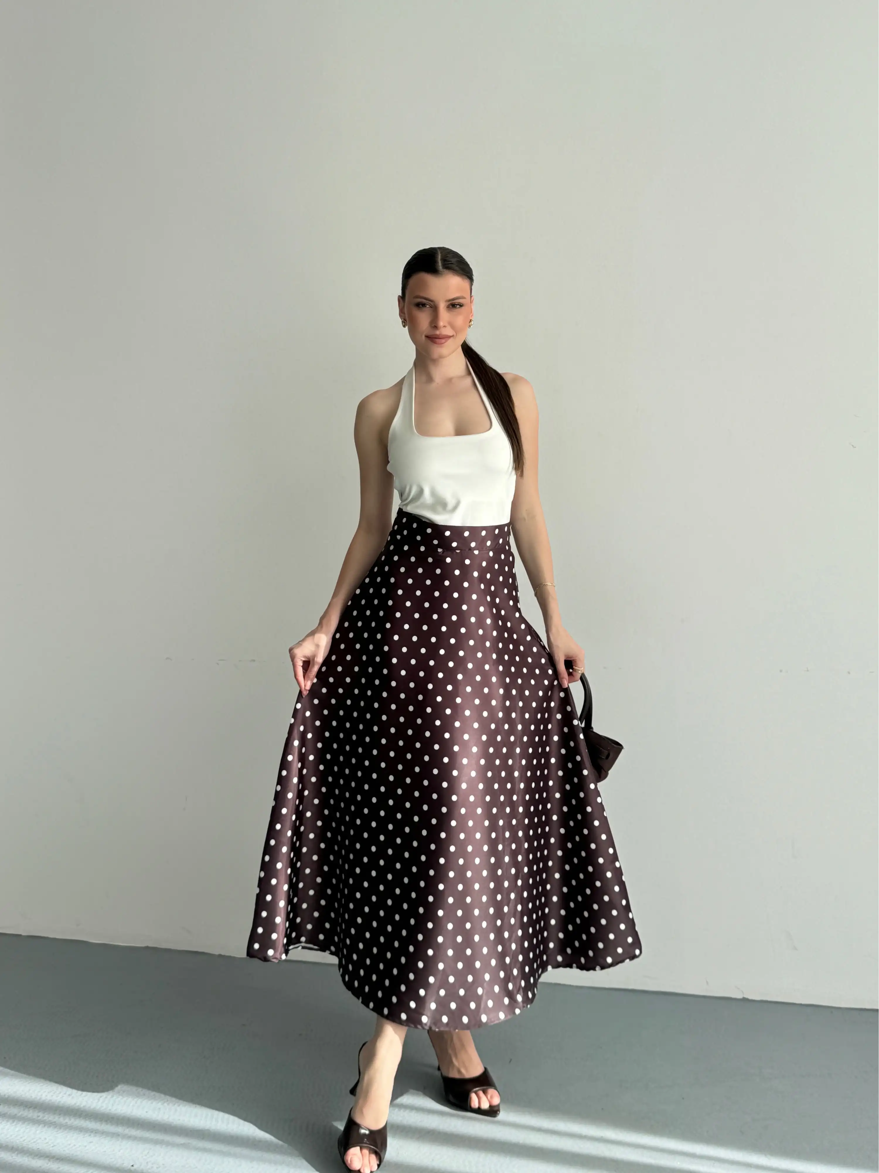 SATEN PUANTİYELİ ETEK-KAHVE