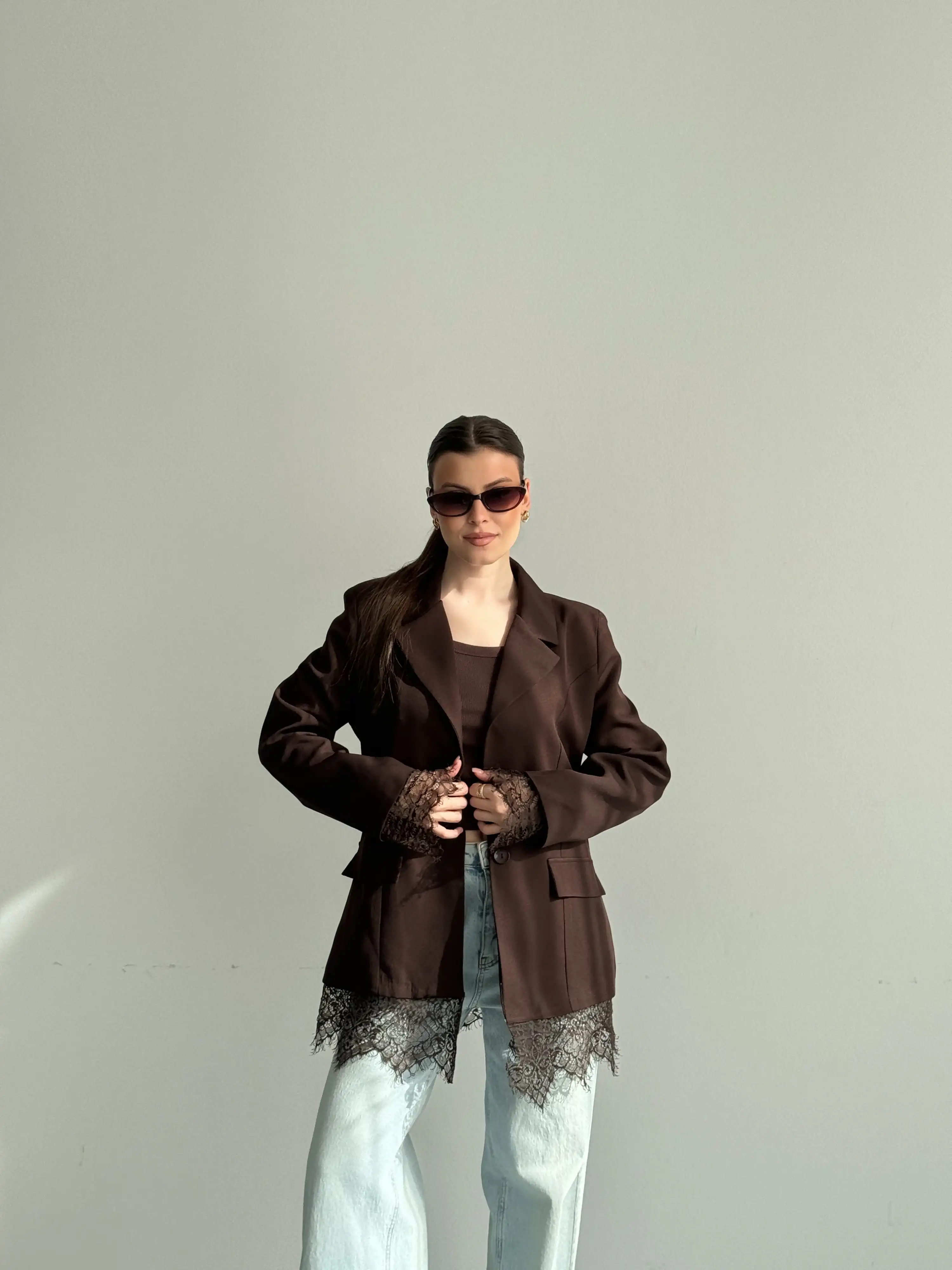 DANTEL ÇIKIŞLI ASTARLI BLAZER CEKET-KAHVE