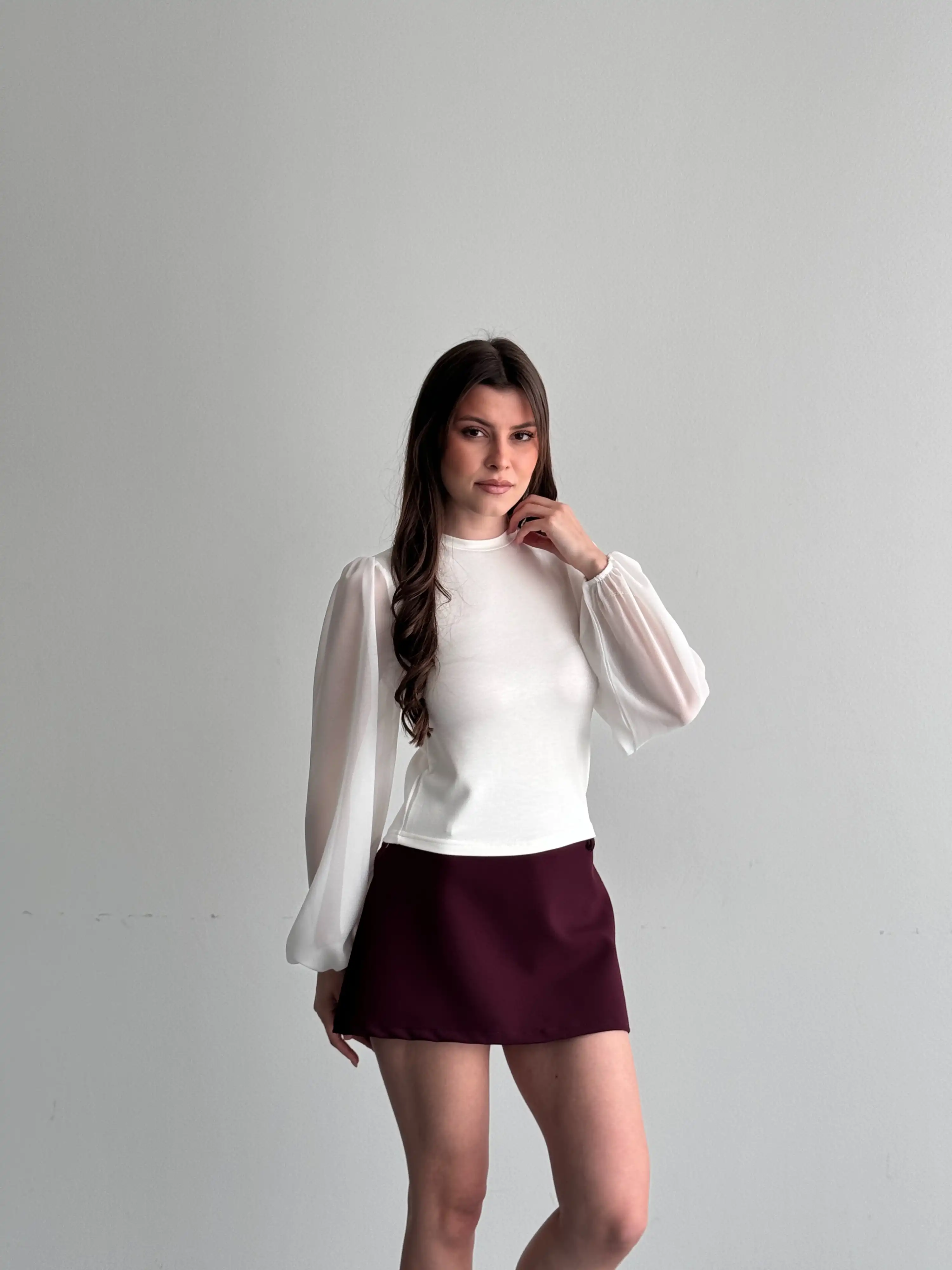 TÜL KOL PENYE BLUZ-BEYAZ