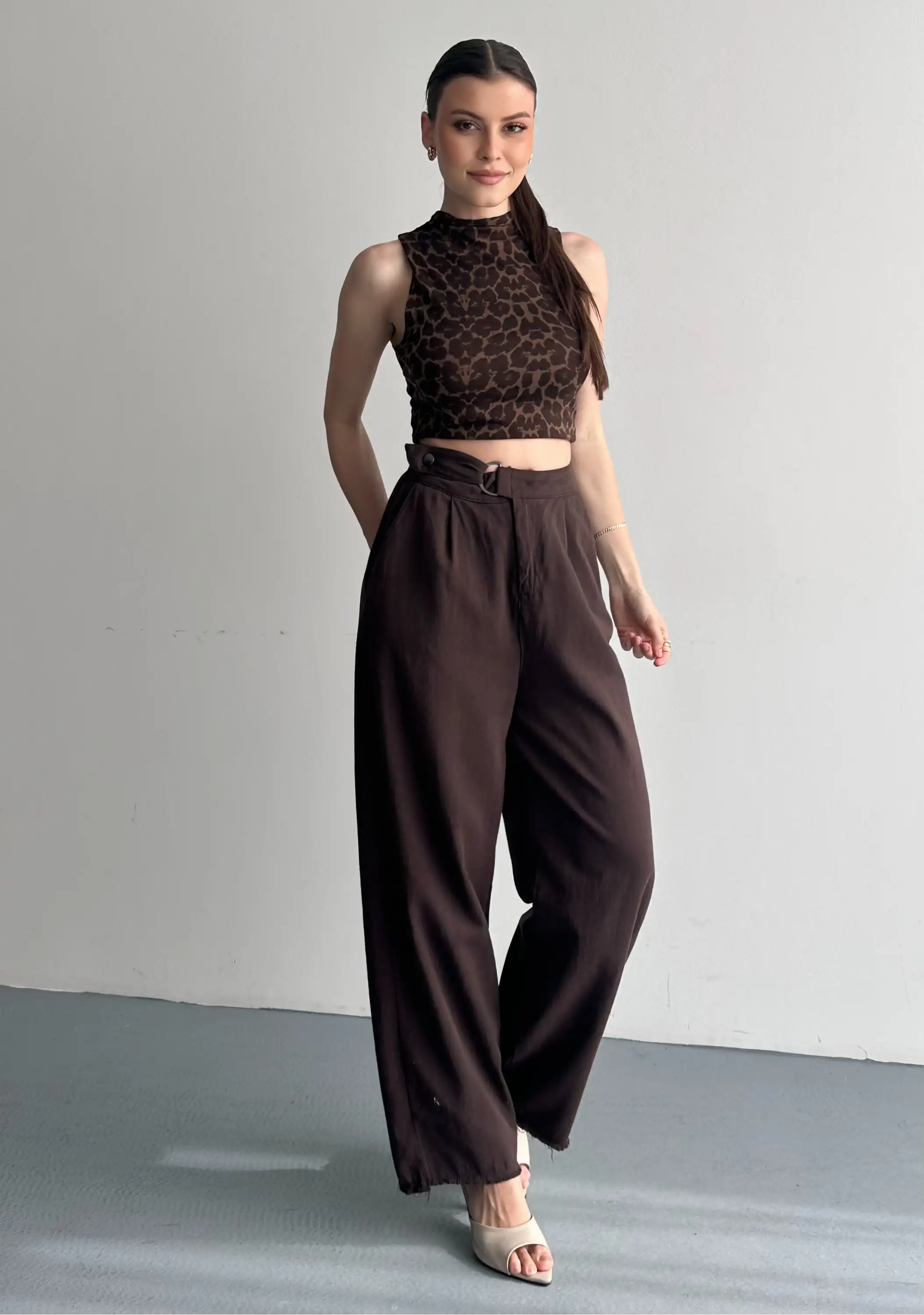 YANDAN ÇITÇITLI GABARDİN PANTOLON-KAHVE