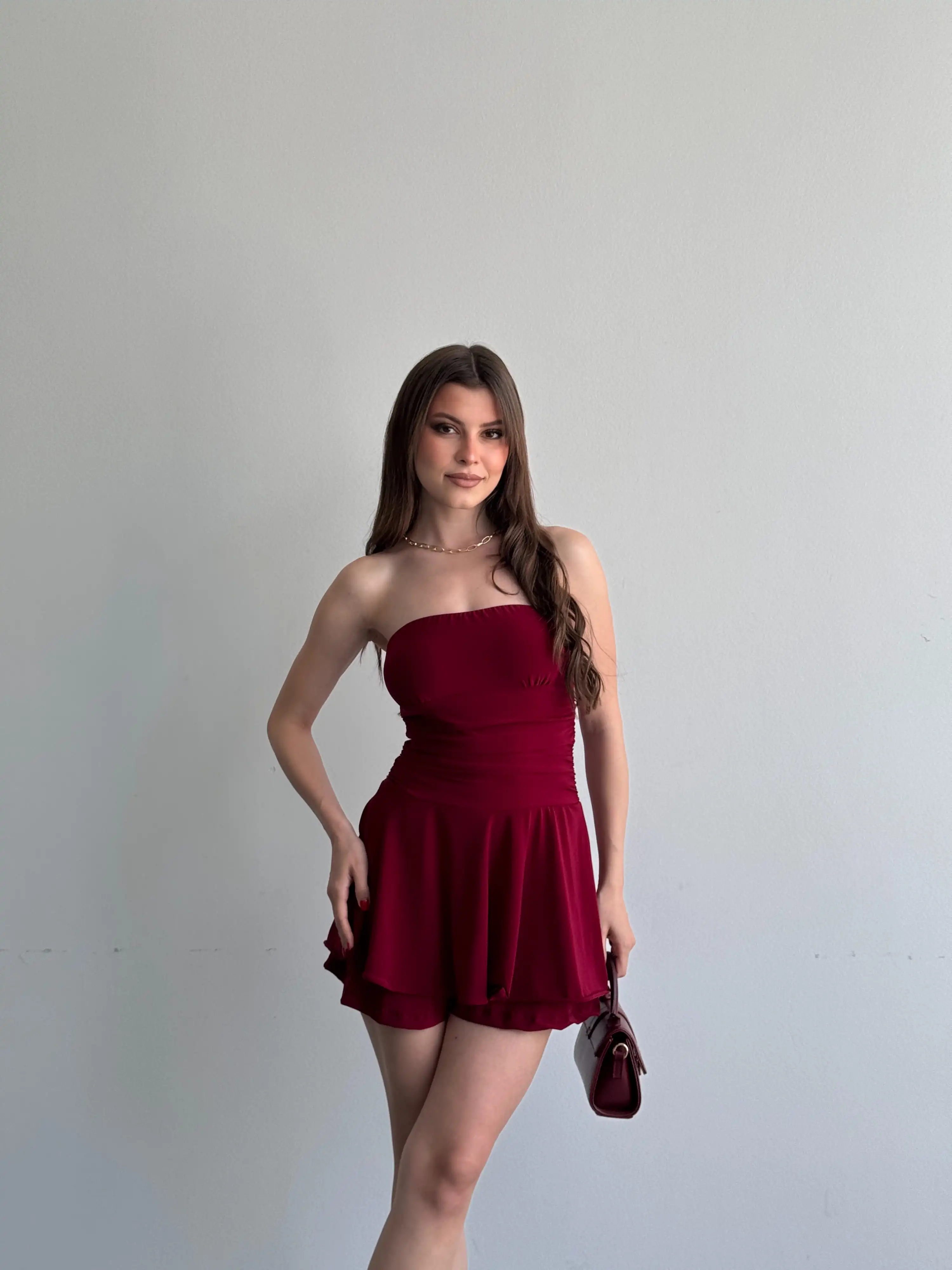 STRAPLEZ ŞORTLU MİNİ ELBİSE-BORDO