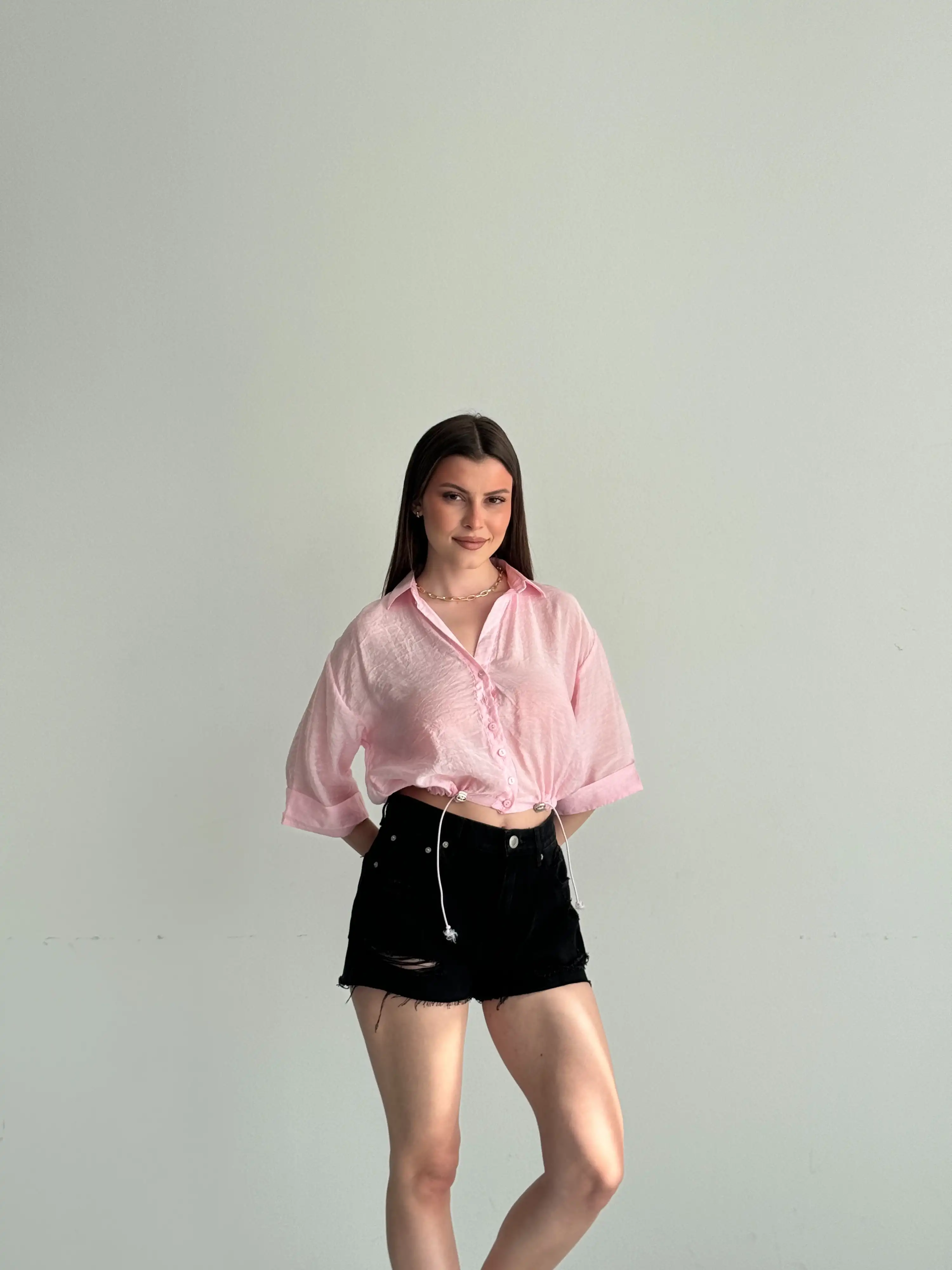 BELDEN LASTİKLİ TRASPARAN GÖMLEK _PEMBE