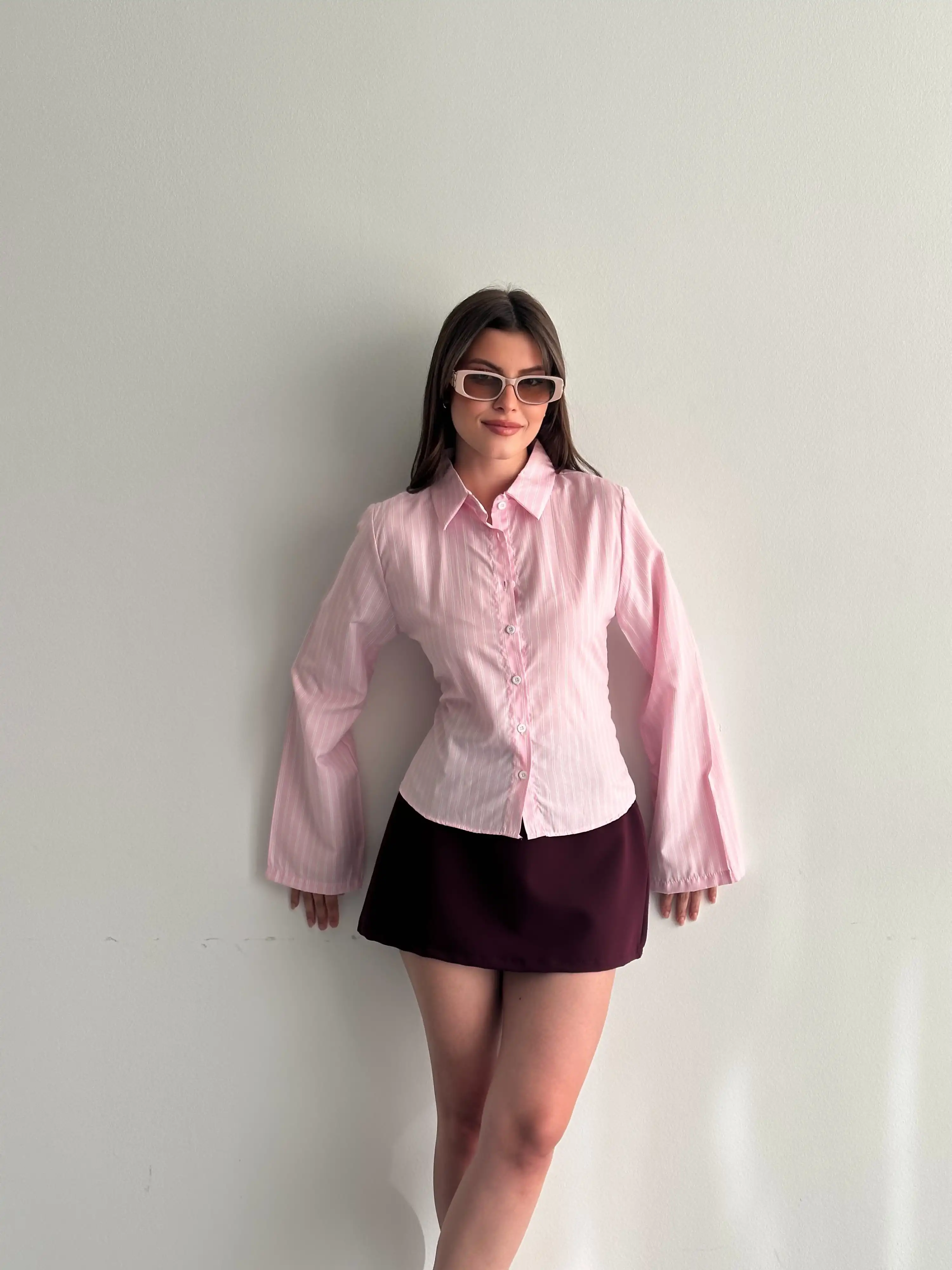 BEL BAĞCIK DETAYLI ÇİZGİLİ GÖMLEK-PEMBE
