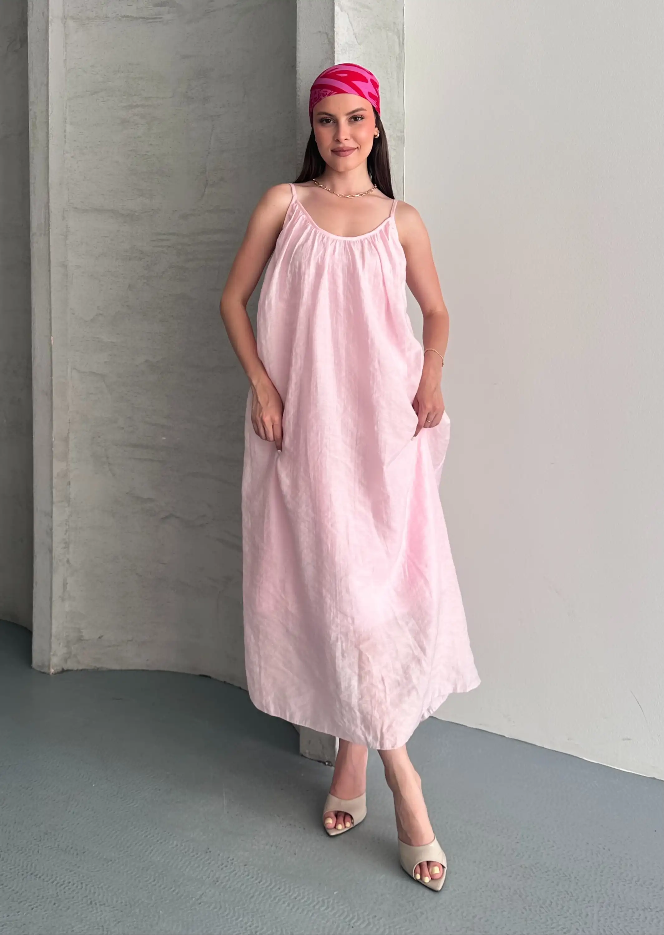 ASKILI YAZLIK ELBİSE-PEMBE
