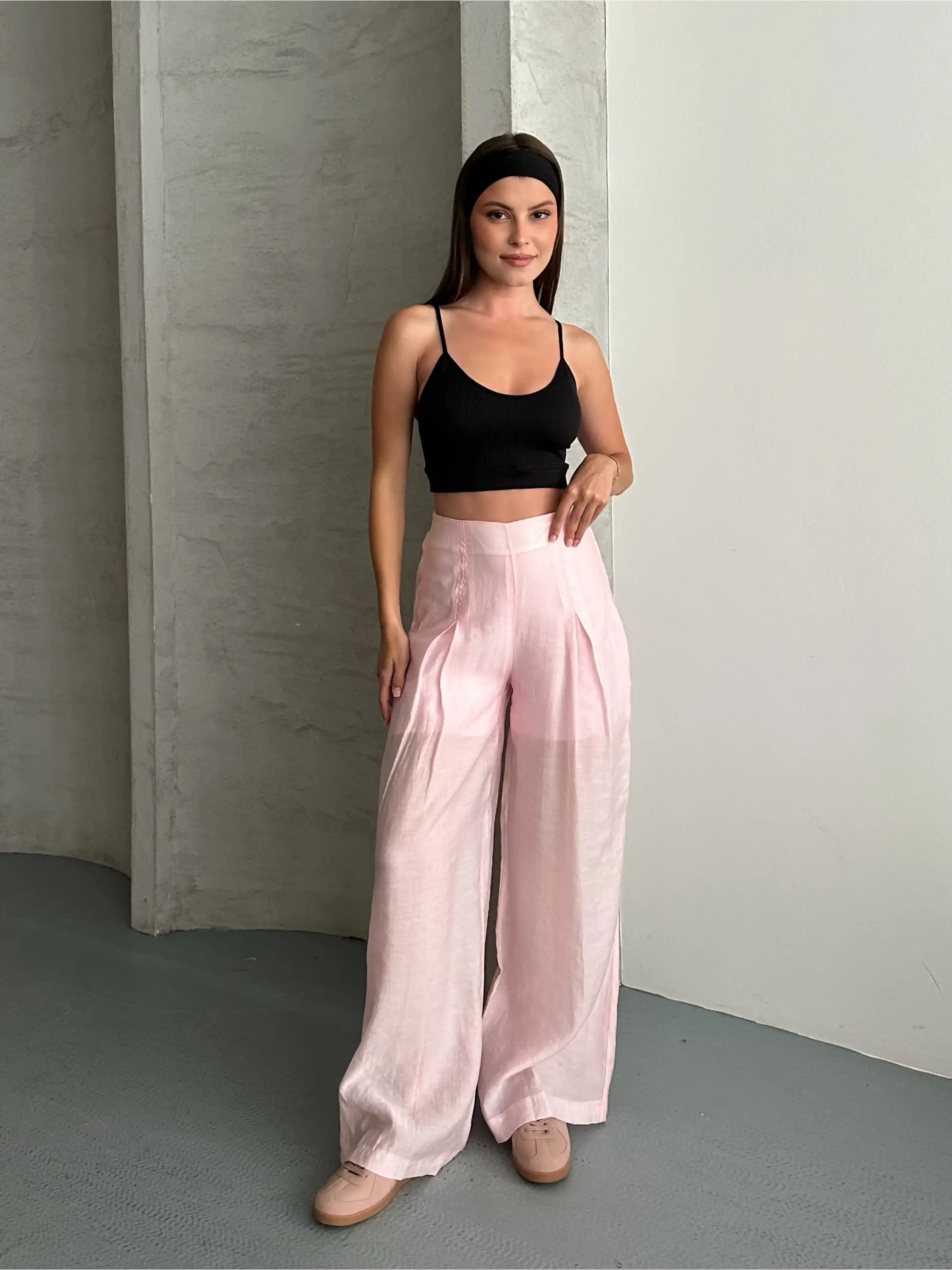 PİLE DETAYLI TRANSPARAN PANTOLON-PEMBE