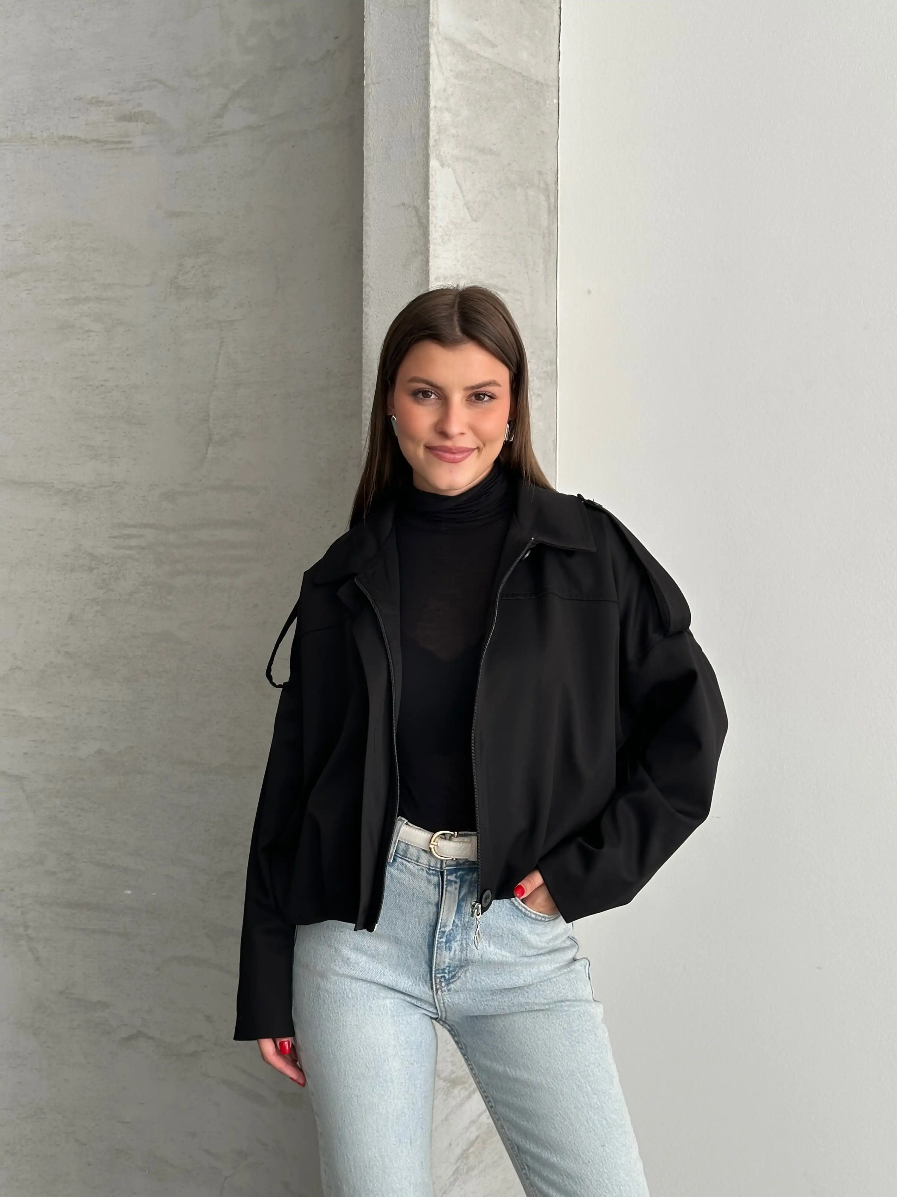 APOLETLİ ASTARLI CROP BOMBER CEKET-SİYAH