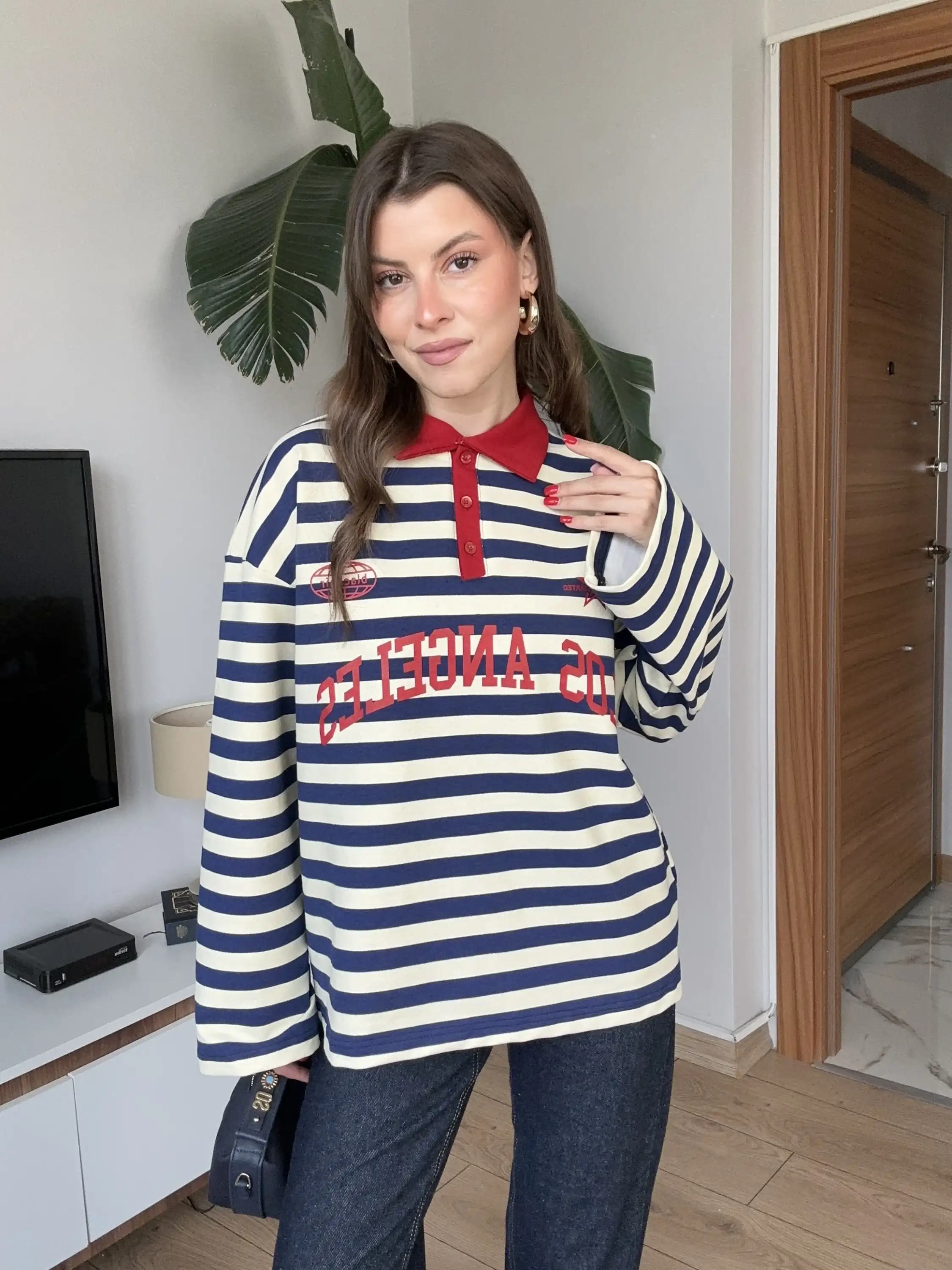 RETRO RUGBY TARZI ÇİZGİLİ DÜĞMELİ SWEAT-LACİVERT