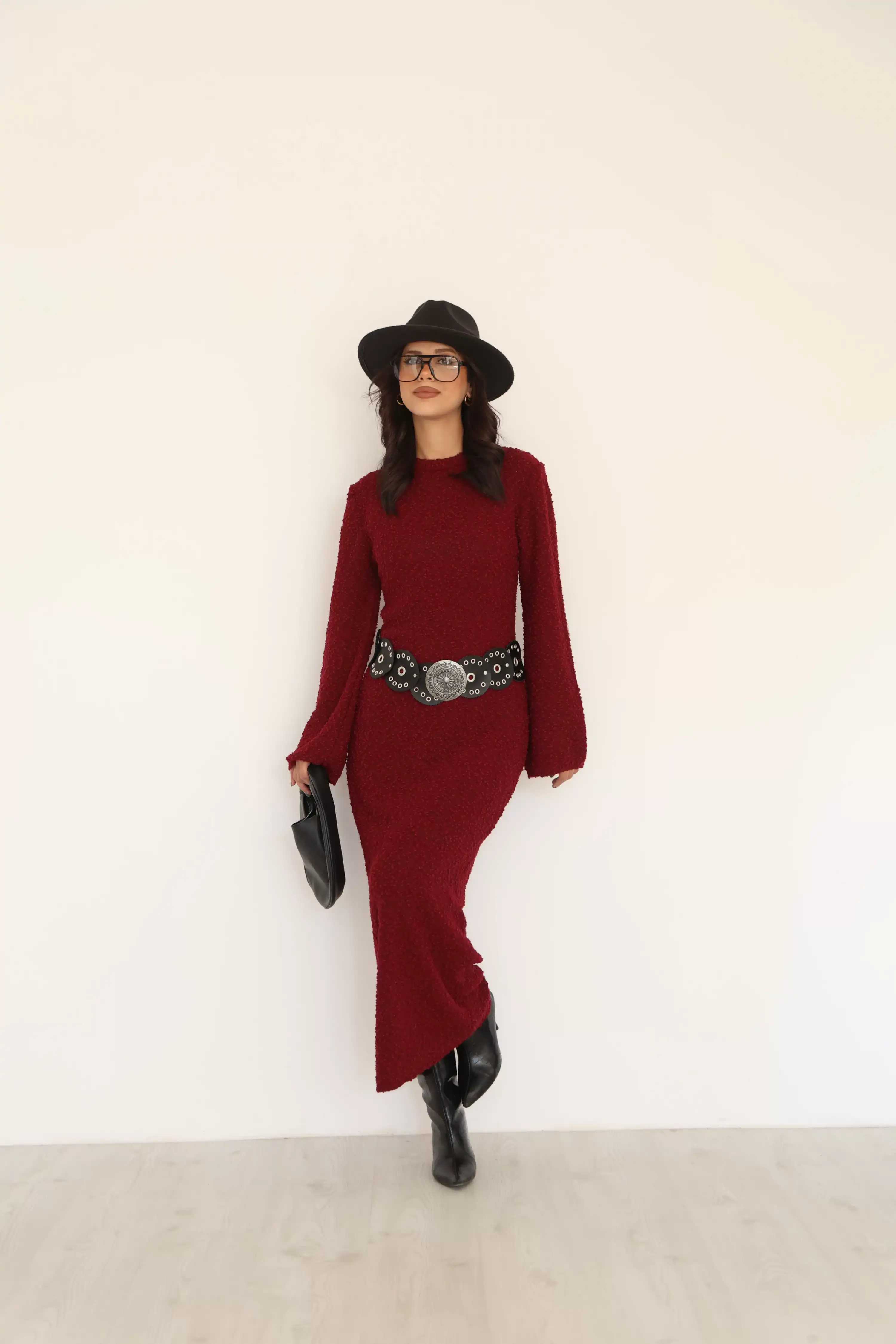 UZUN TRİKO ELBİSE-BORDO