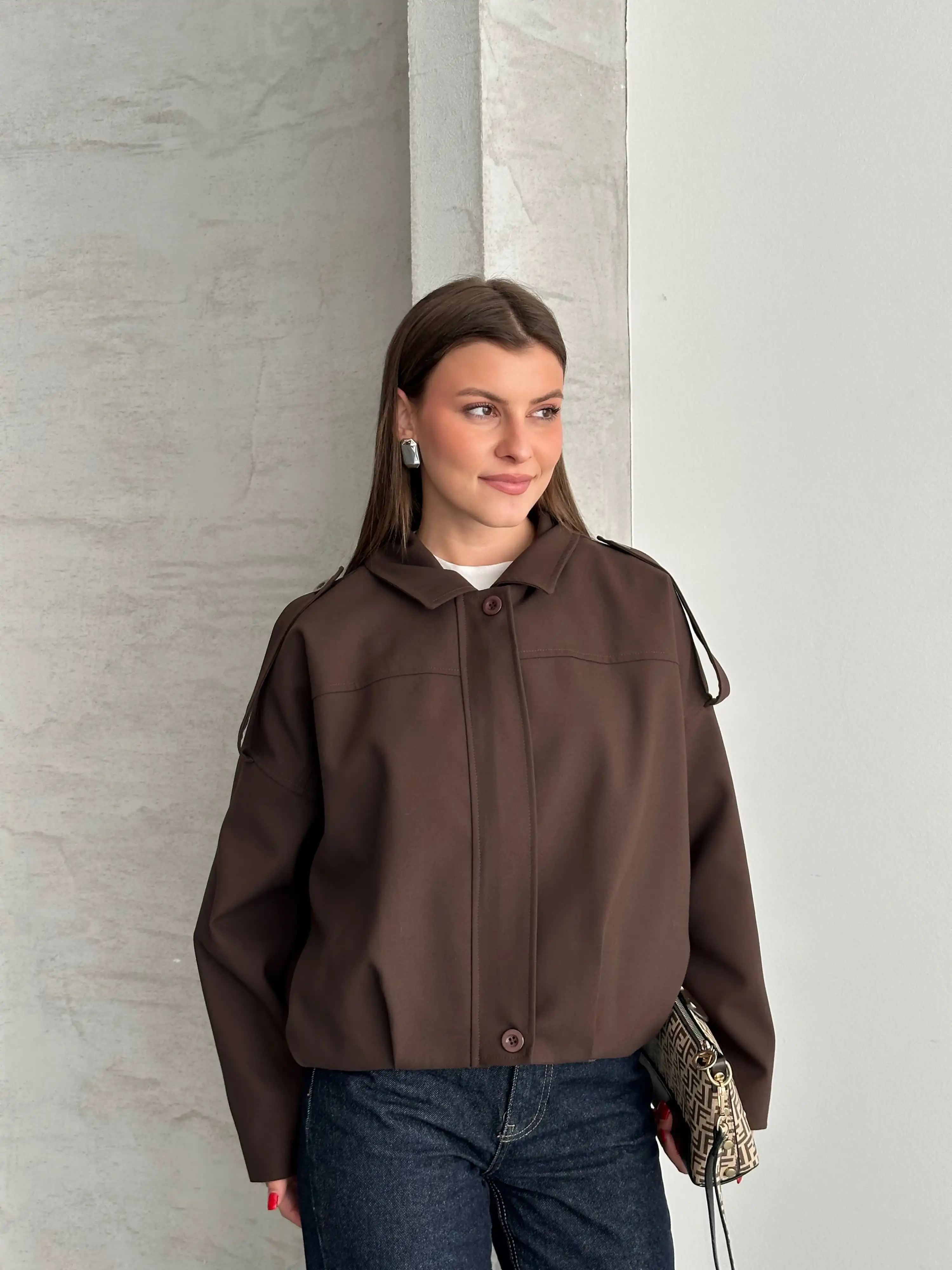 APOLETLİ ASTARLI CROP BOMBER CEKET-KAHVE