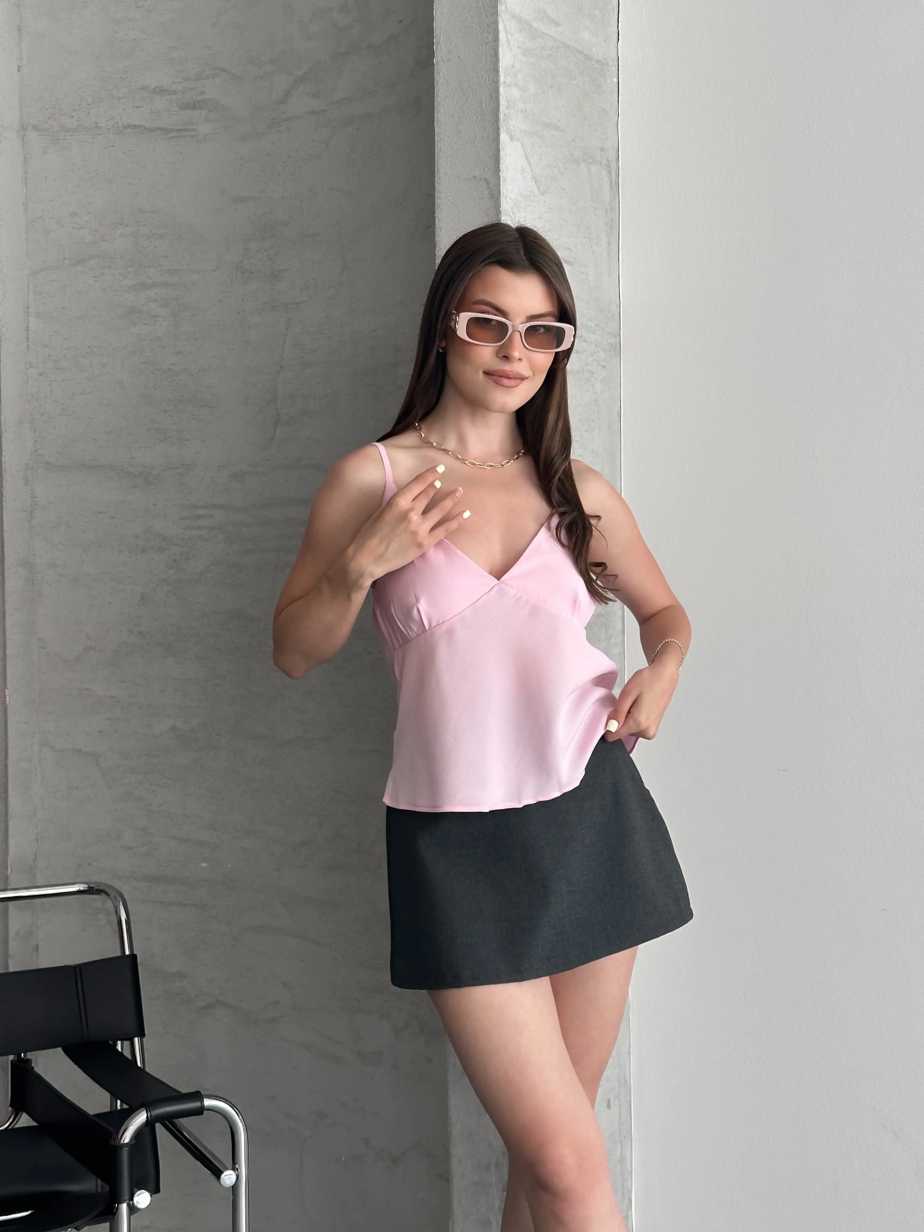 ASKILI VİSKON BLUZ-PEMBE