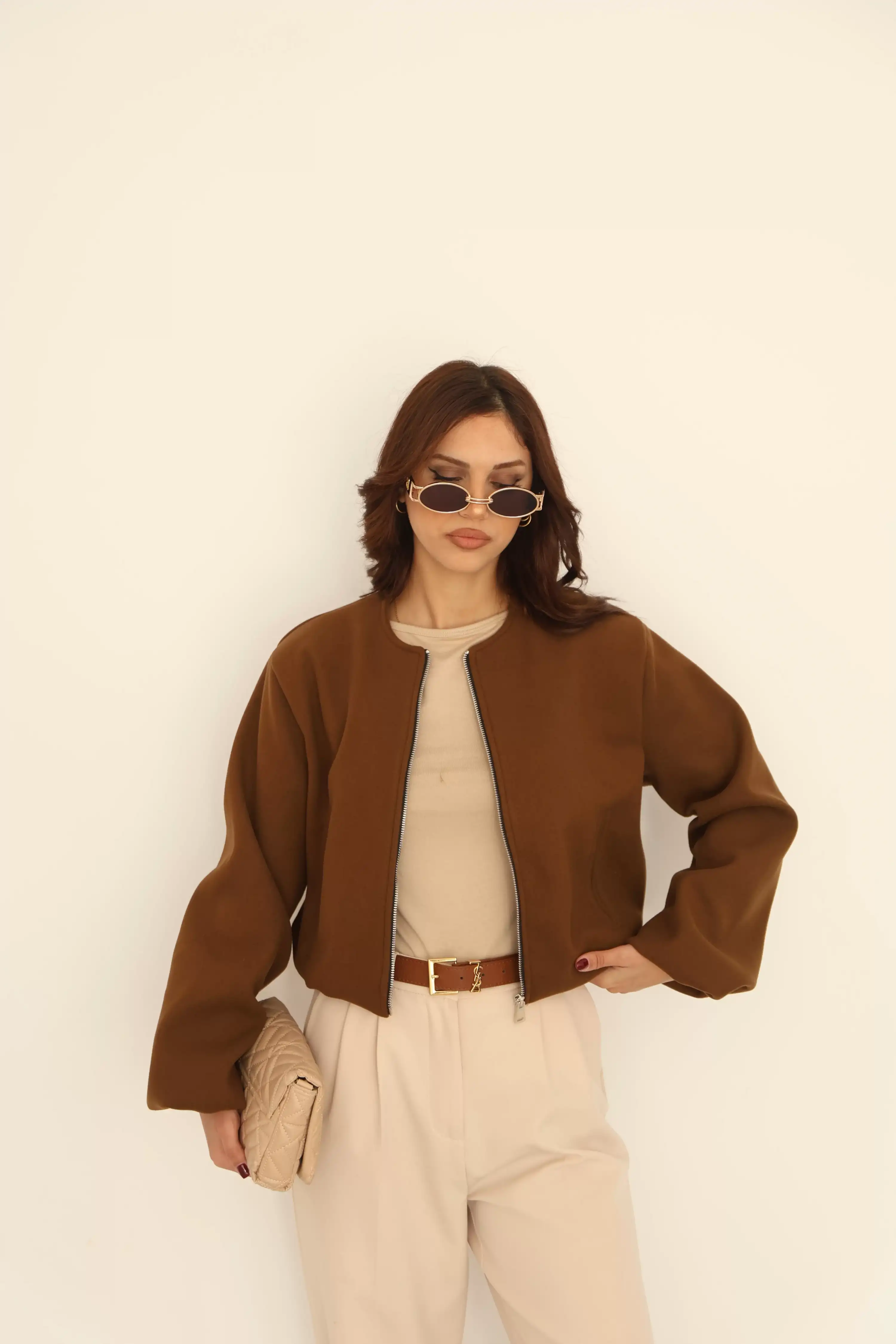 ASTARLI CROP KAŞE CEKET-KAHVE