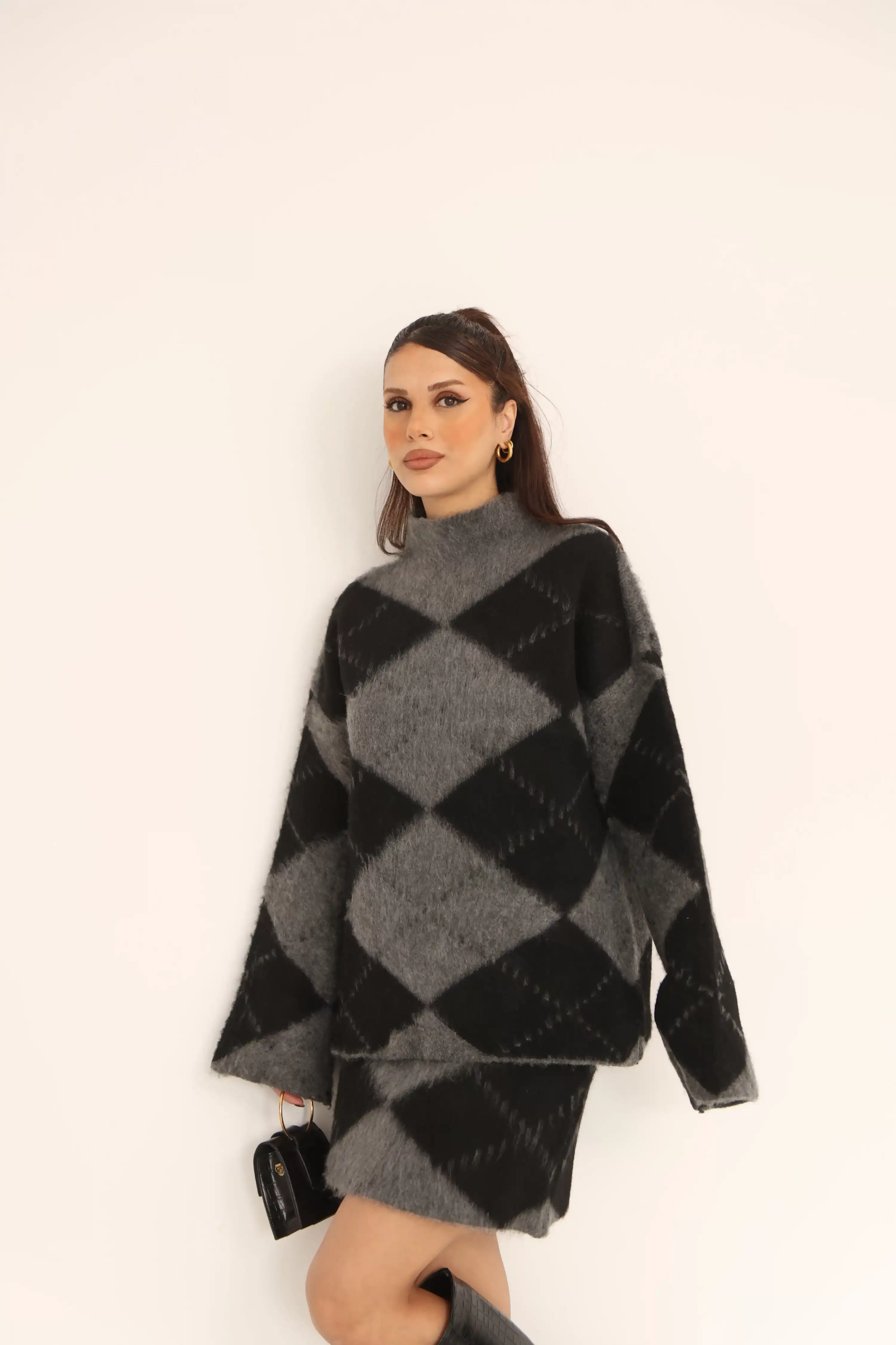 BAKLAVA DESENLİ YUMOŞ ETEKLİ TAKIM-GRİ