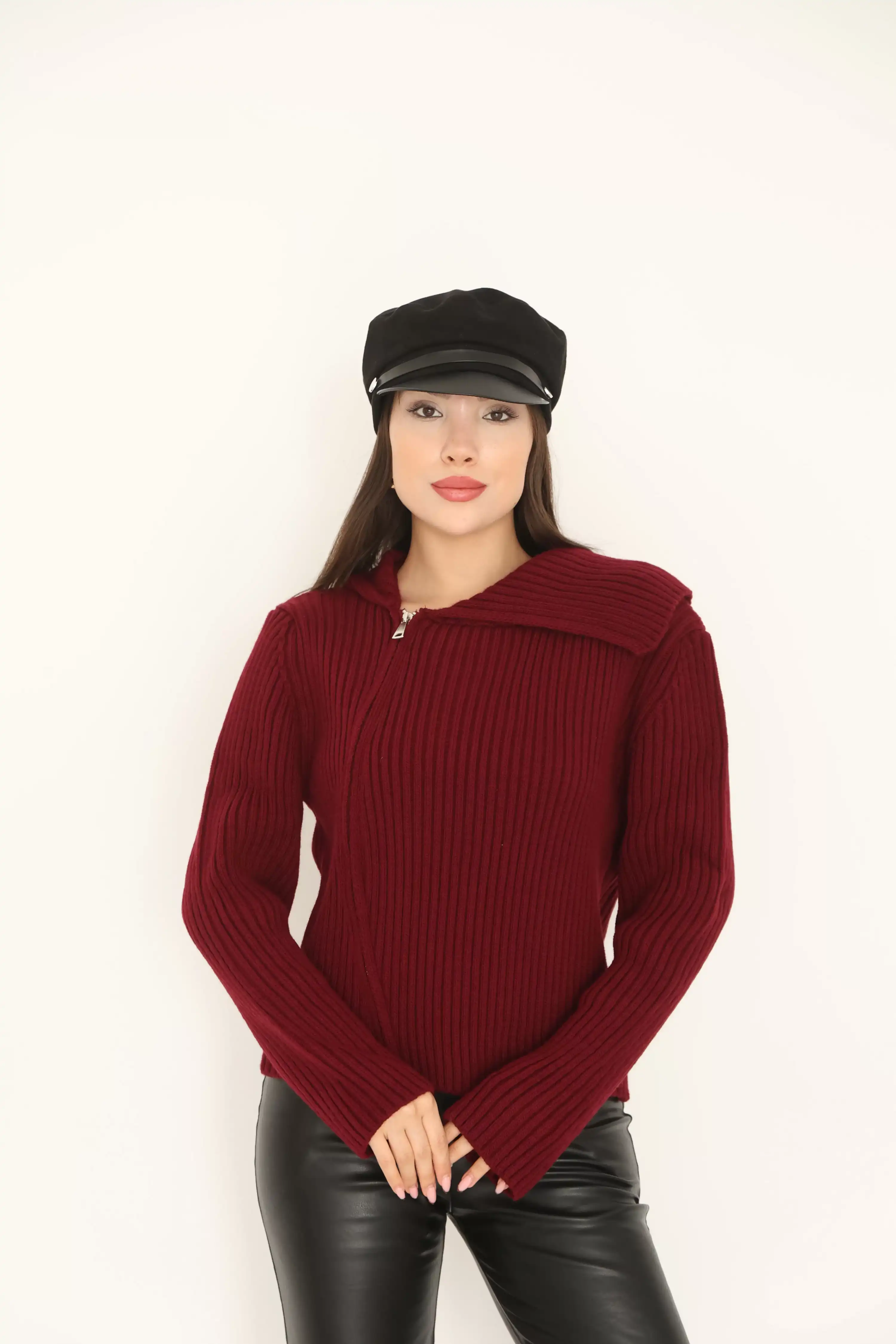 BALIKÇI YAKA FERMUARLI SELANİK HIRKA-BORDO