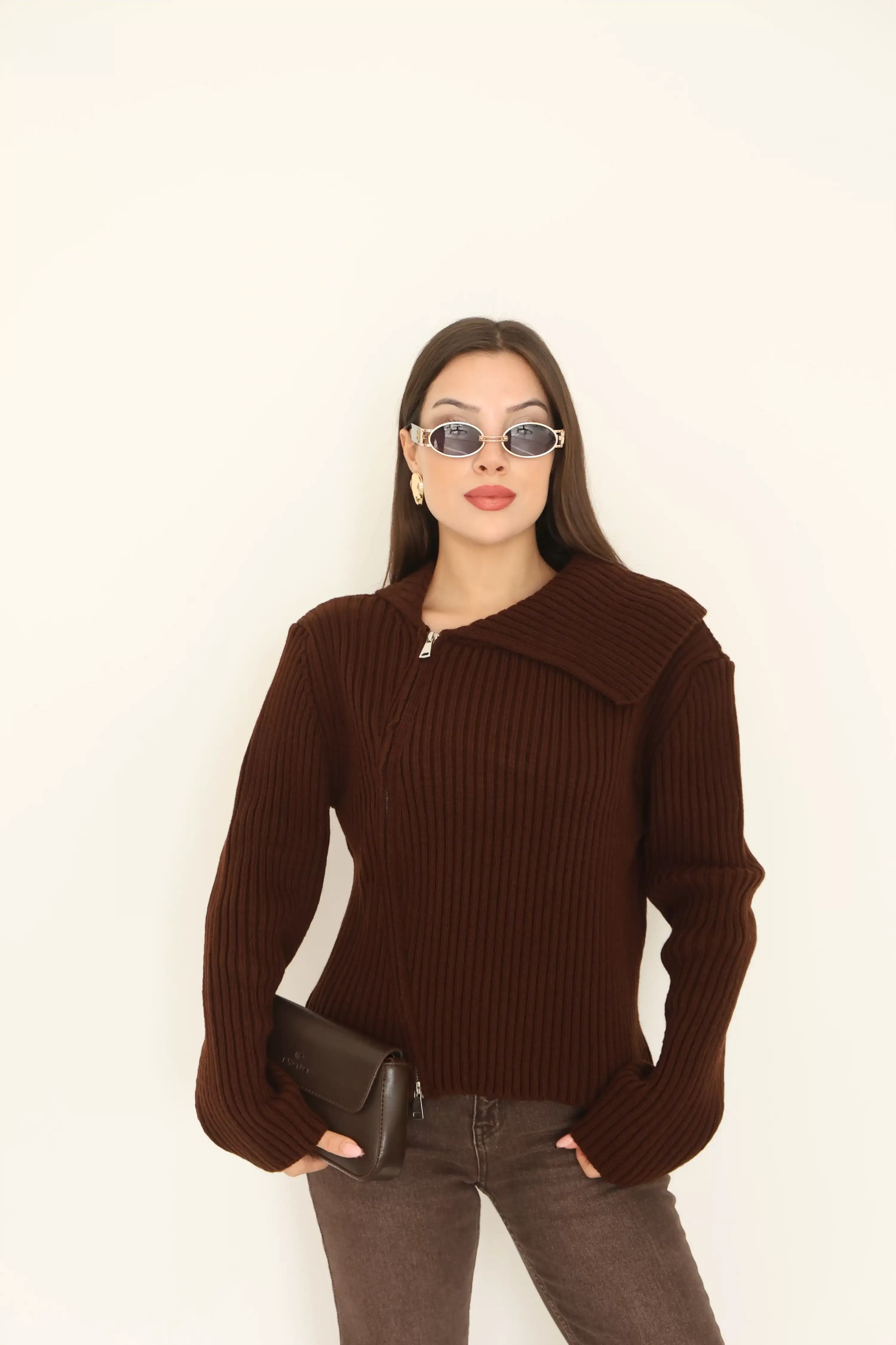 BALIKÇI YAKA FERMUARLI SELANİK HIRKA-KAHVE