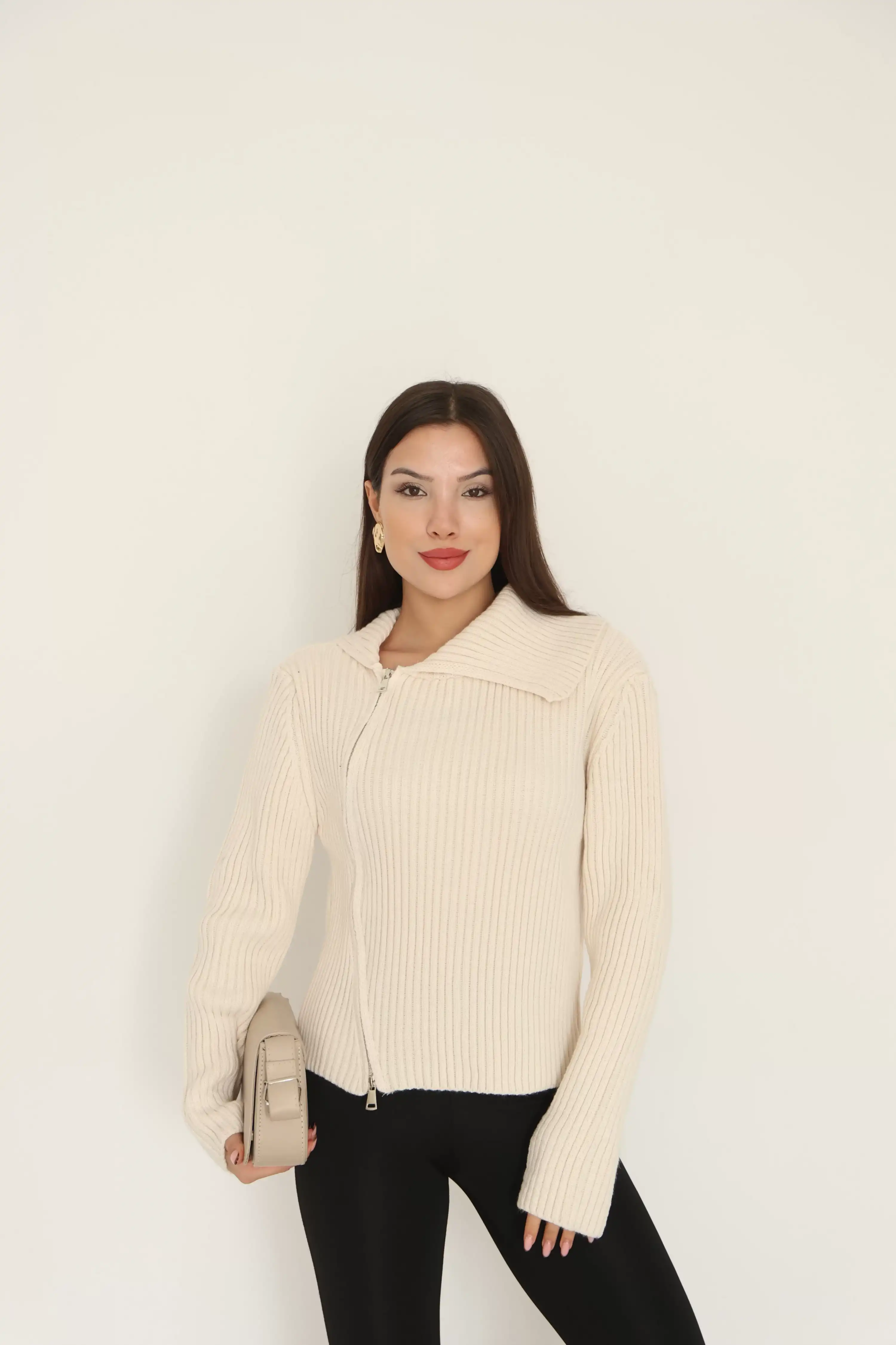 BALIKÇI YAKA FERMUARLI SELANİK HIRKA-KREM