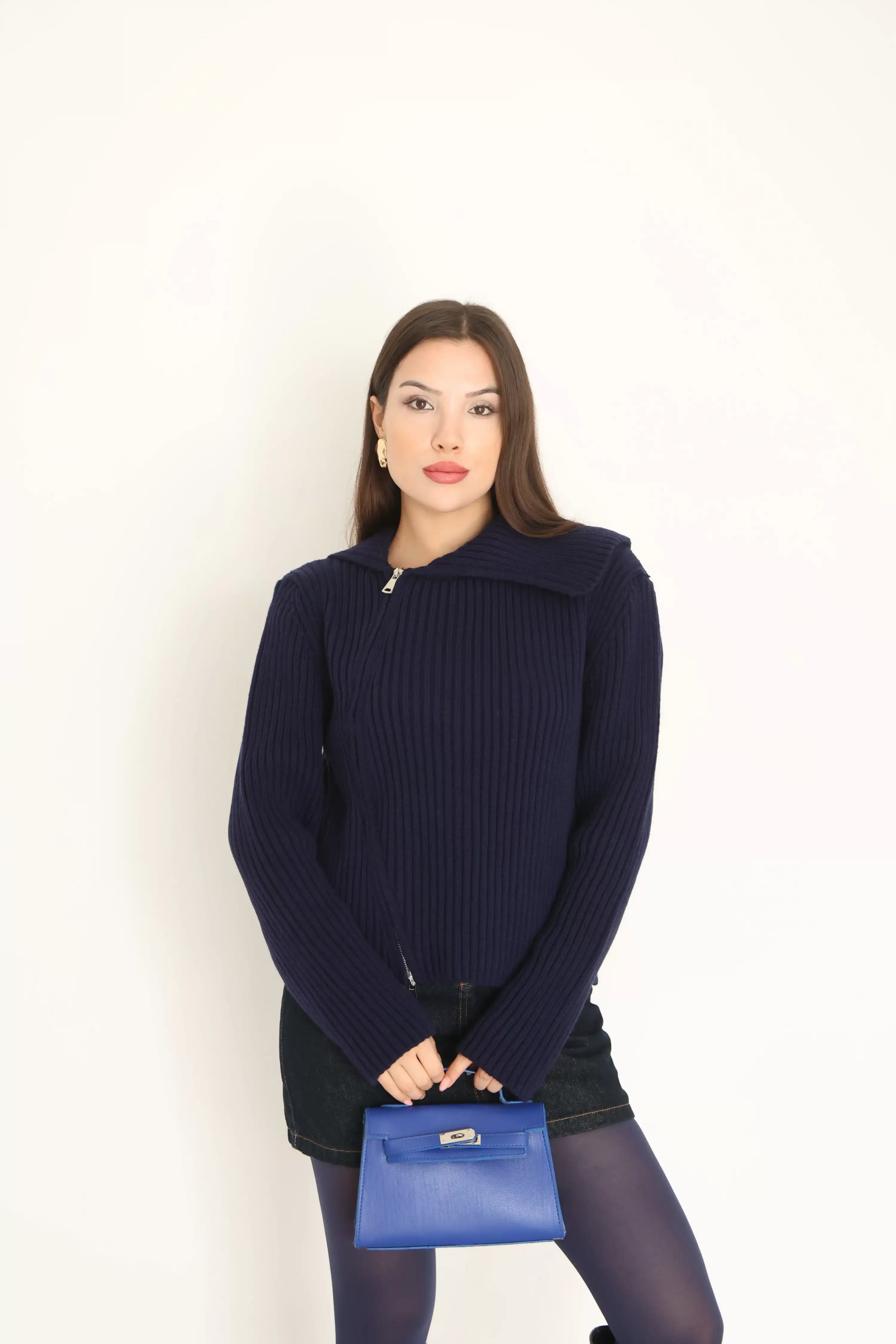 BALIKÇI YAKA FERMUARLI SELANİK HIRKA-LACİVERT