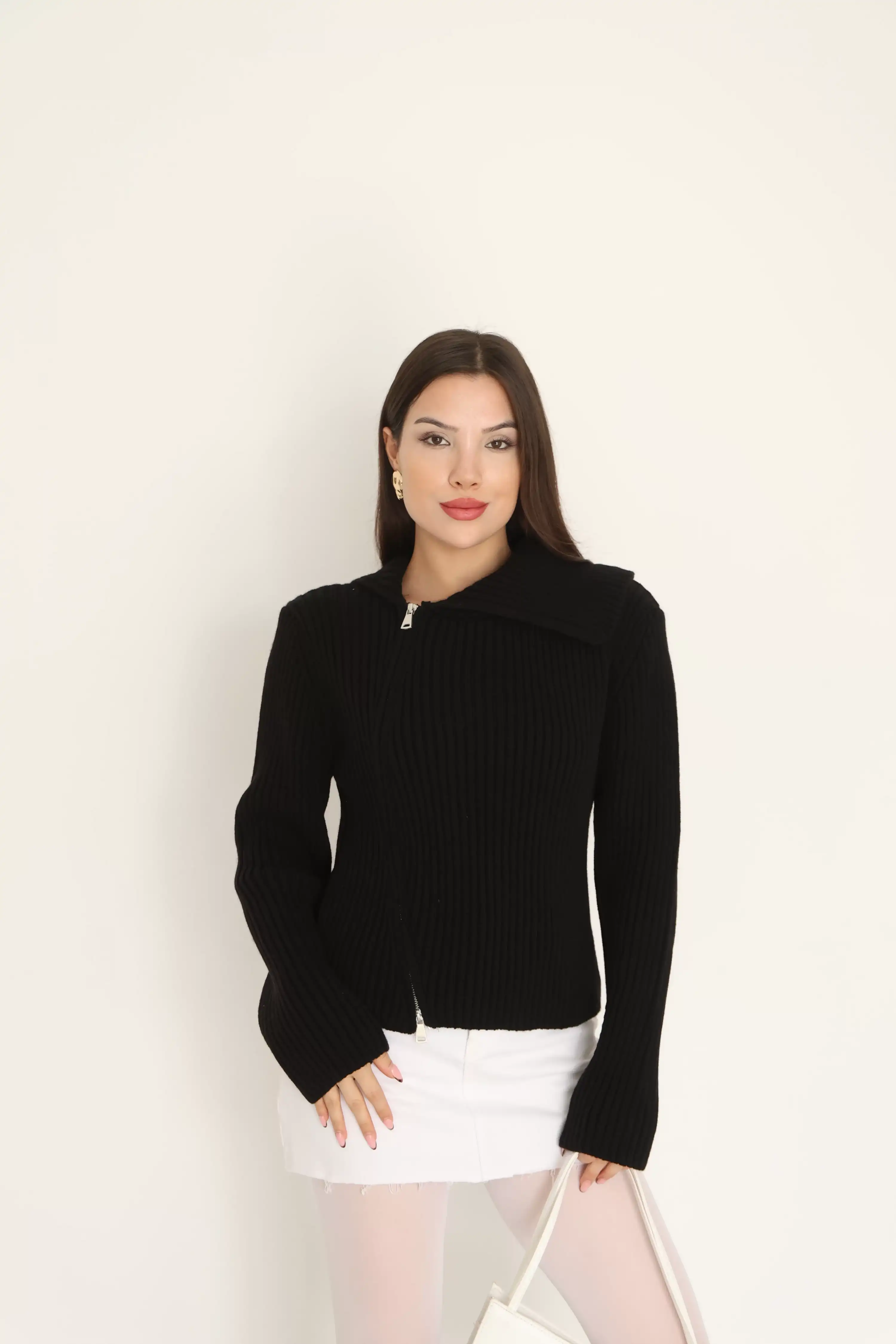 BALIKÇI YAKA FERMUARLI SELANİK HIRKA-SİYAH