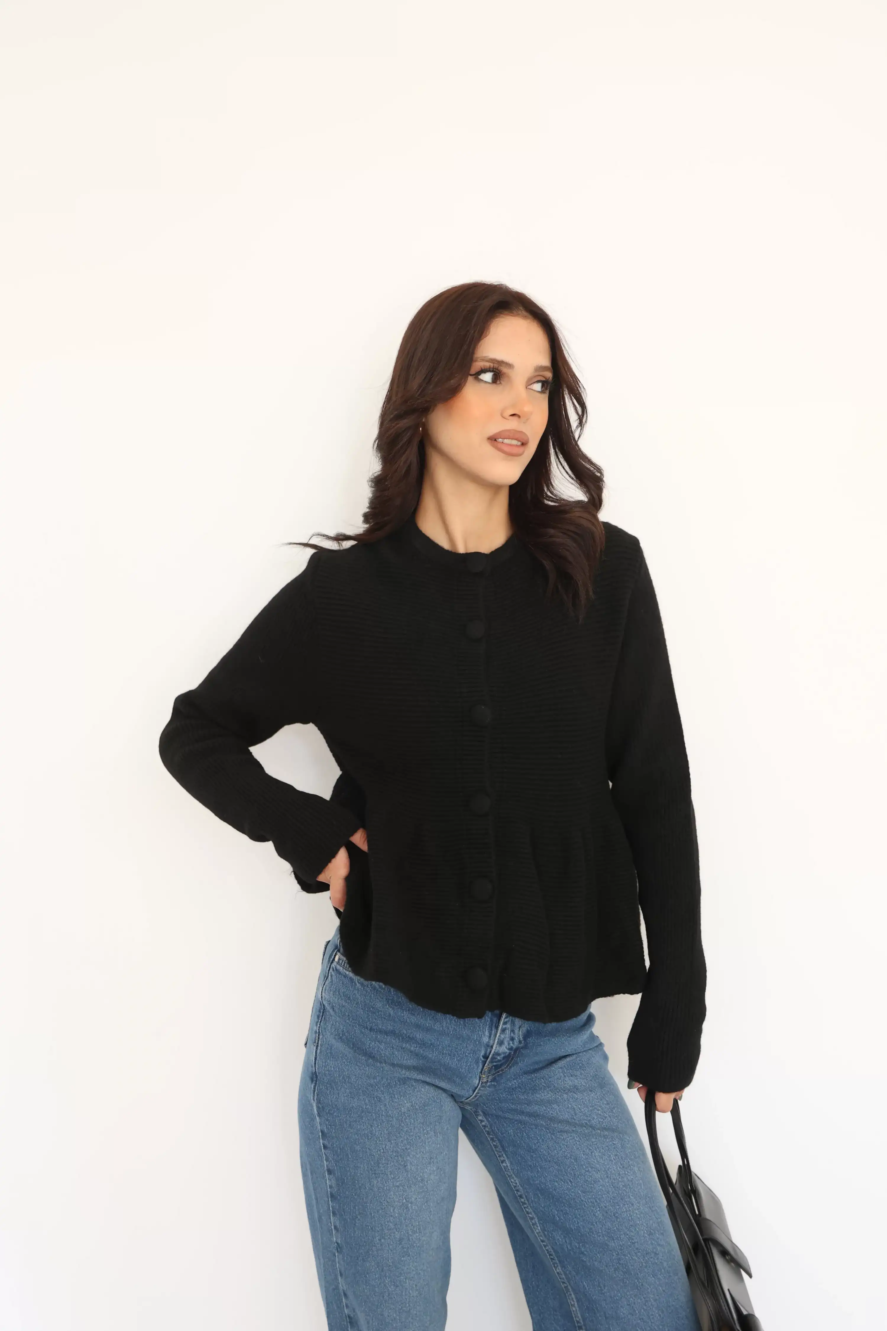 BEL PİLELİ KENDİNDEN ÇİZGİLİ HIRKA-SİYAH