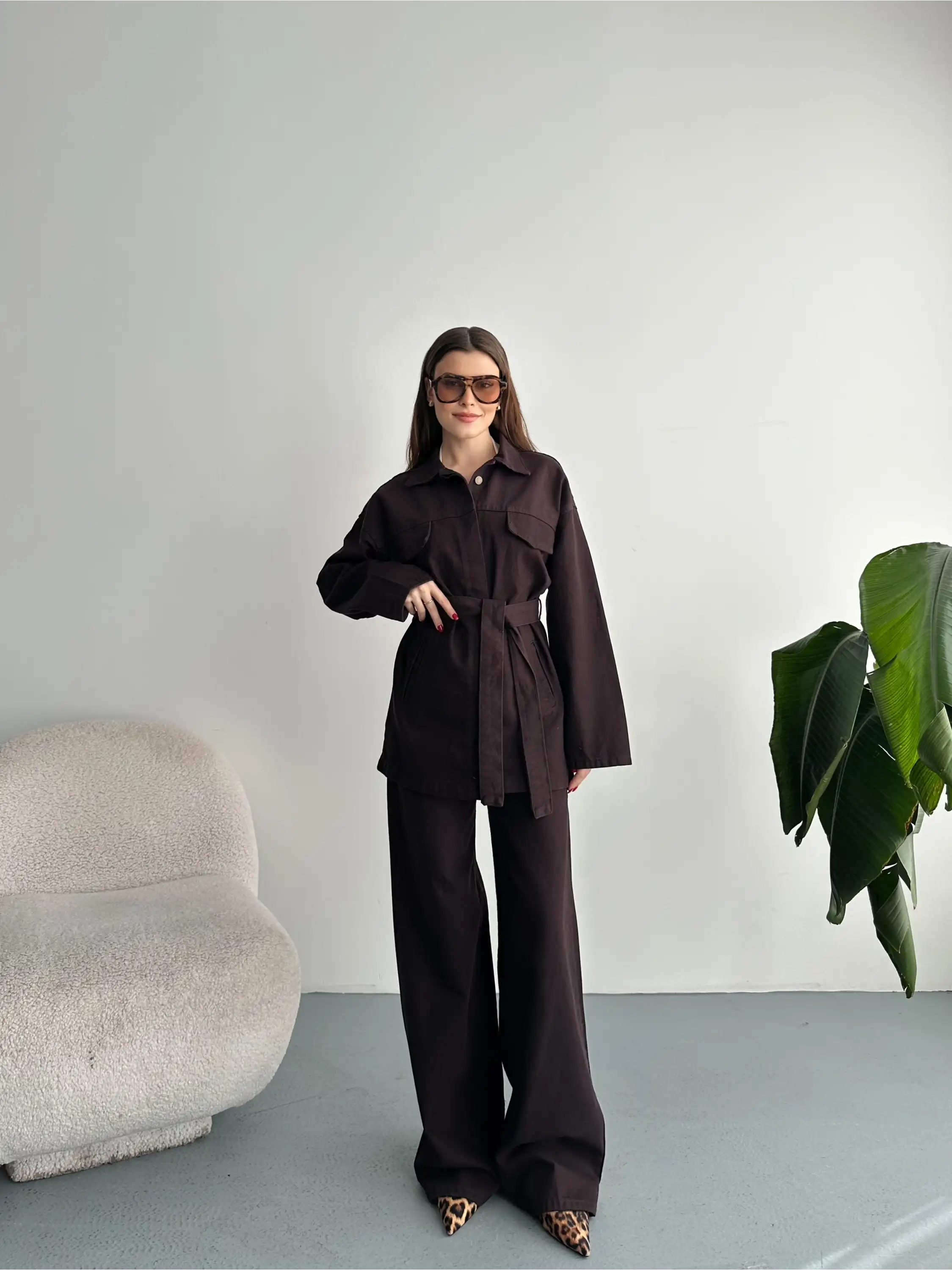 BELİ KUŞAKLI DENİM TAKIM-KAHVE