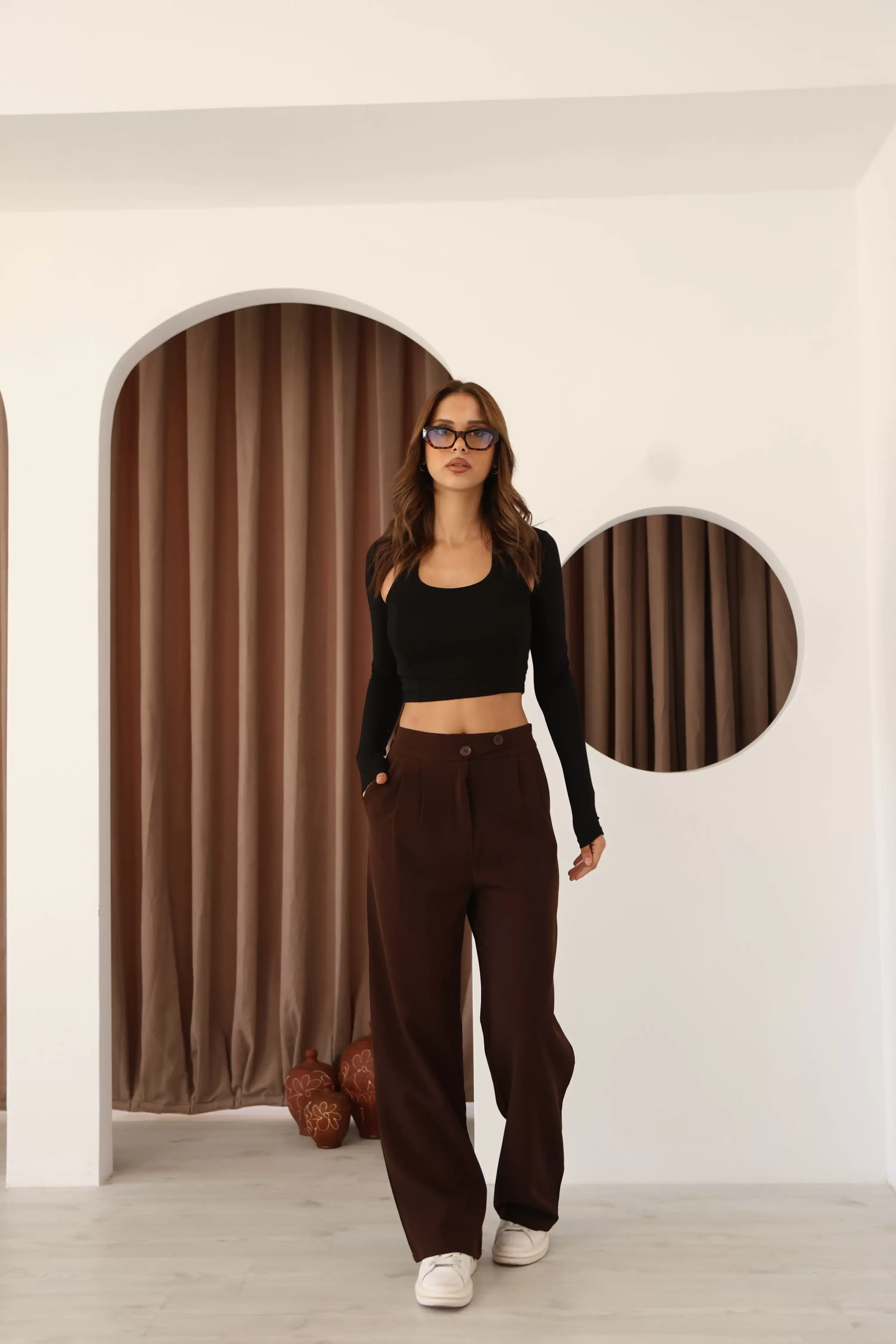 ÇİFT DÜĞMELİ KUMAŞ PANTOLON-KAHVE
