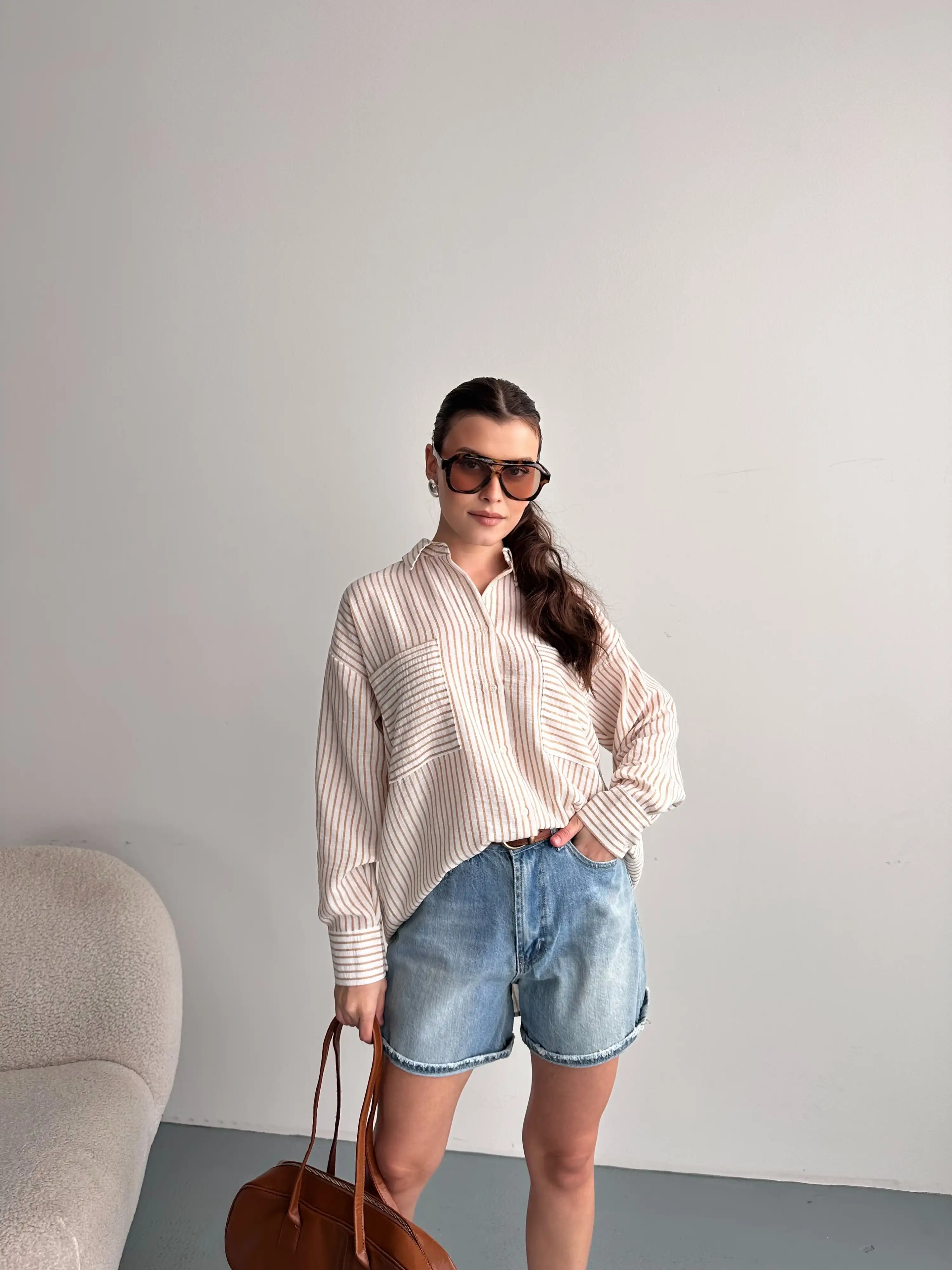 ÇİZGİLİ OVERSİZE GÖMLEK-KAHVE