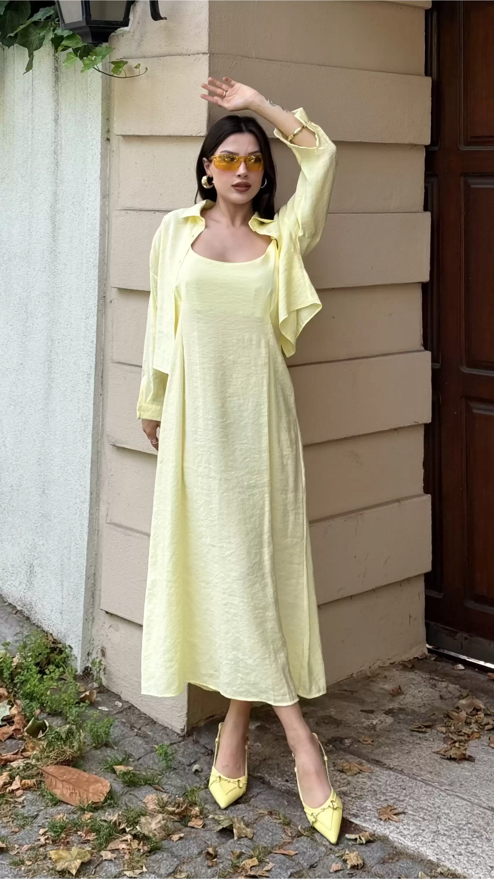 CROP GÖMLEKLİ ELBİSELİ TAKIM-SARI