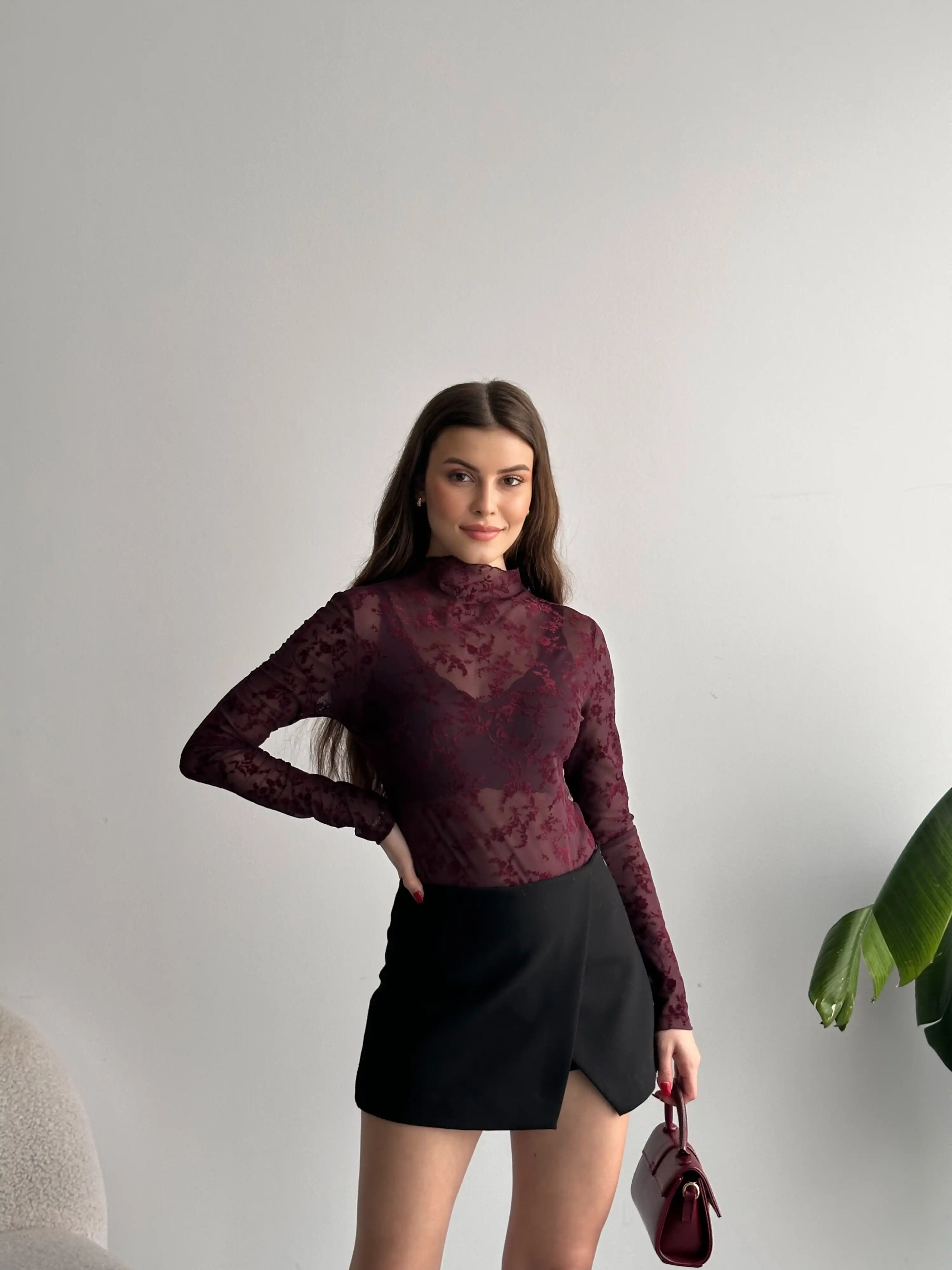 DANTEL DETAYLI BODYSUIT-BORDO