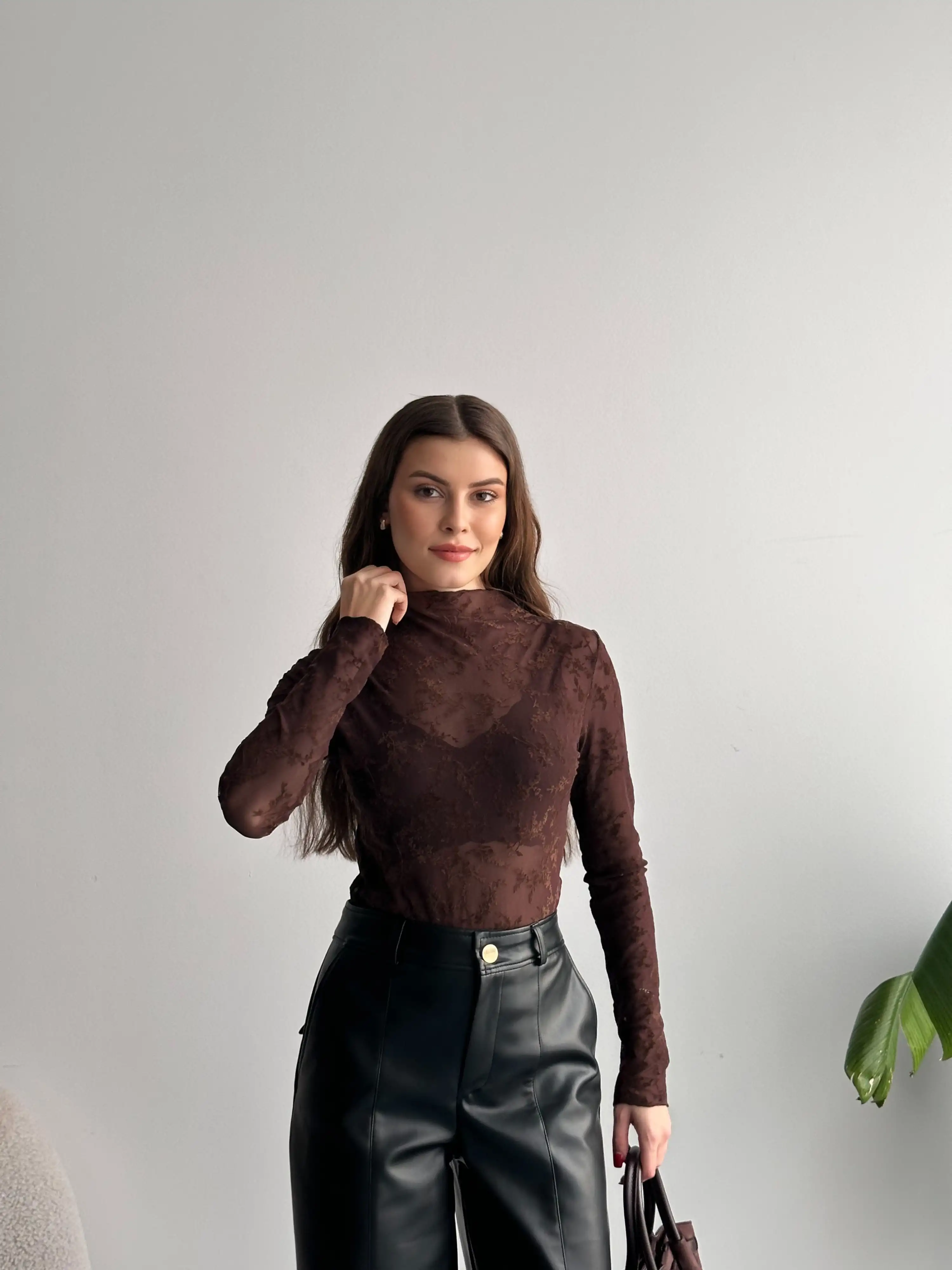 DANTEL DETAYLI BODYSUIT-KAHVE