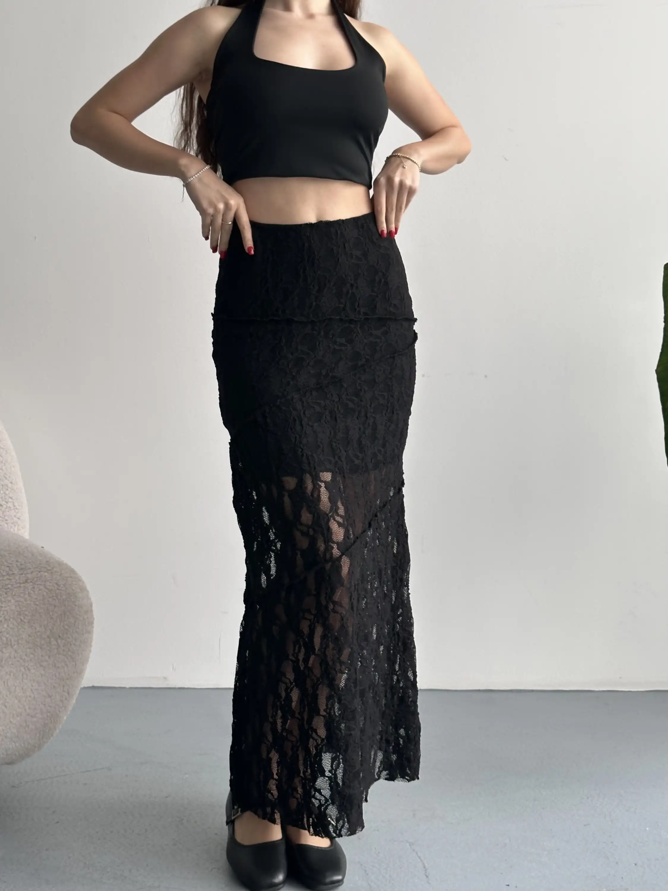 DANTEL ŞERİTLİ MİDİ ETEK-SİYAH