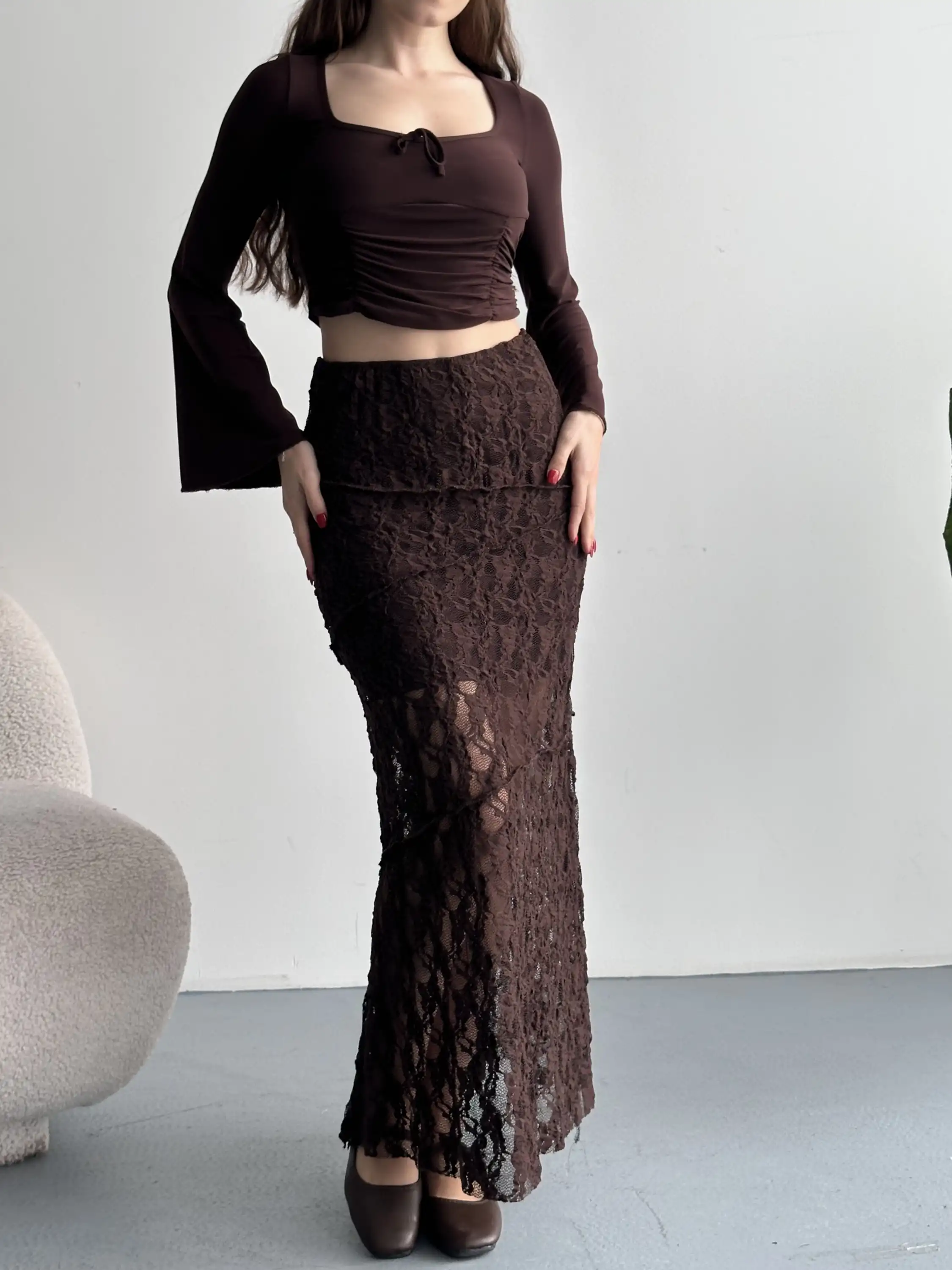 DANTEL ŞERİTLİ MİDİ ETEK-KAHVE