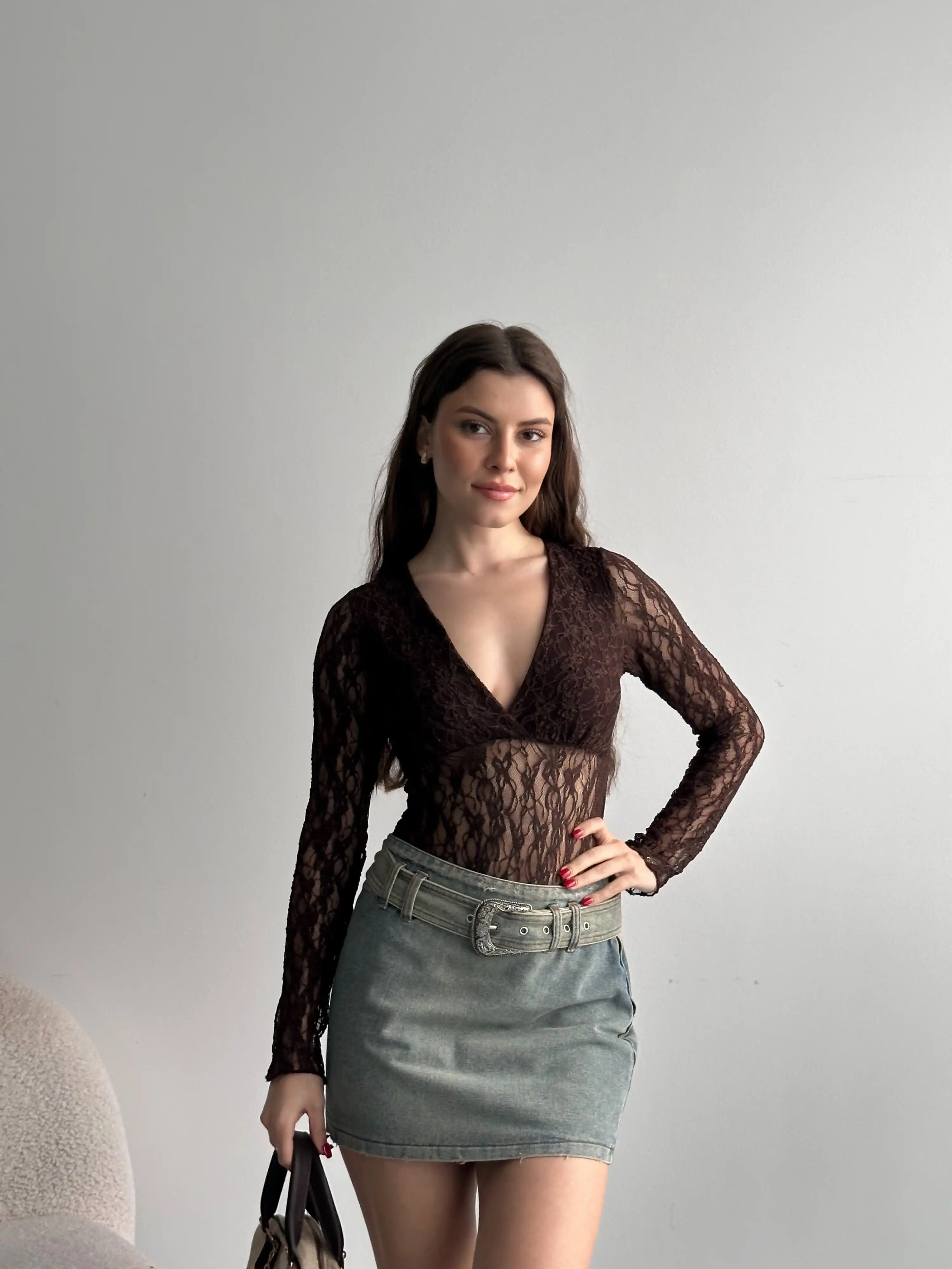 DANTELLİ TRANSPARAN UZUN KOL BODYSUIT-KAHVE