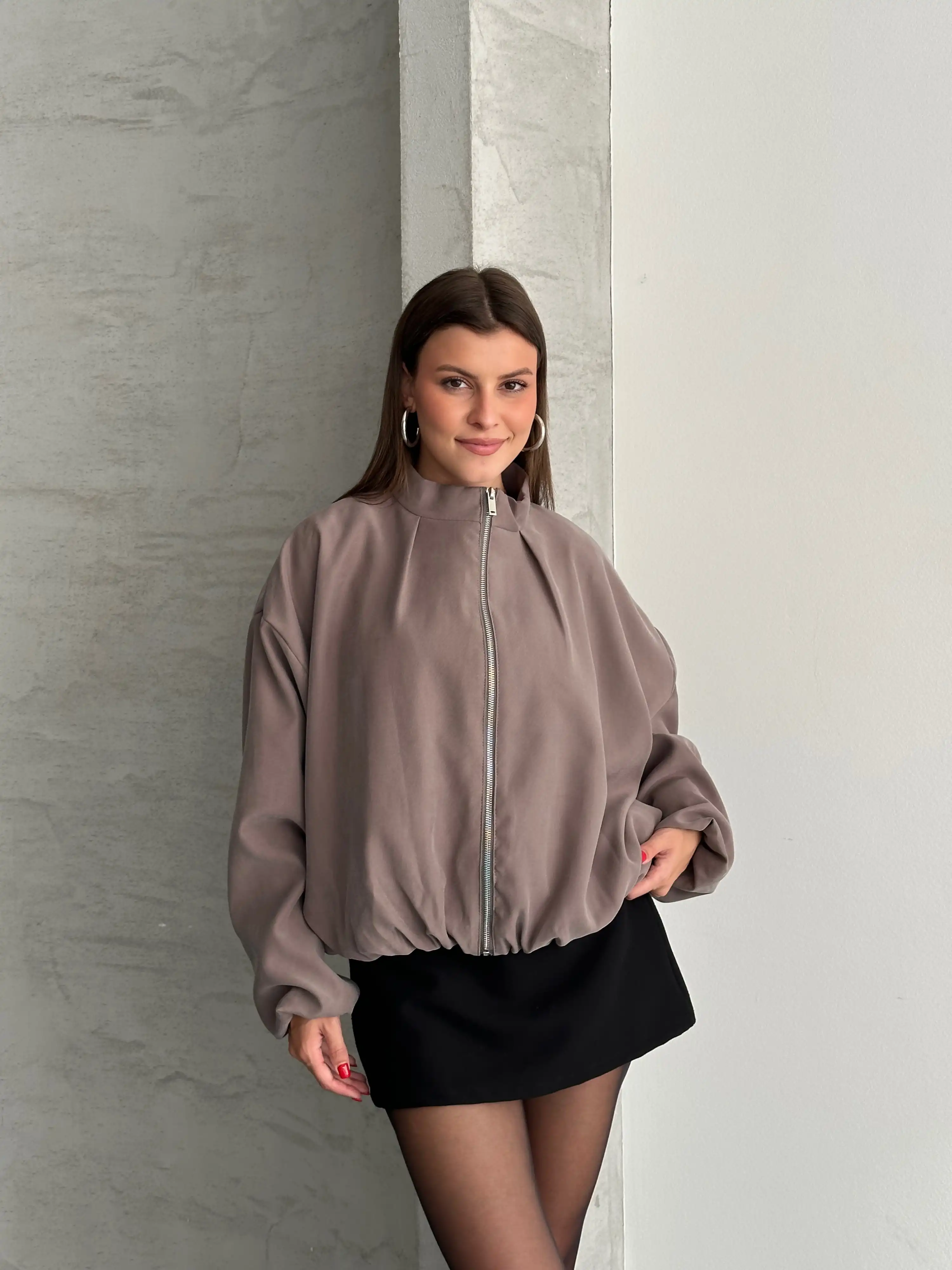DİK YAKA ASTARLI BOMBER CEKET-GRİ