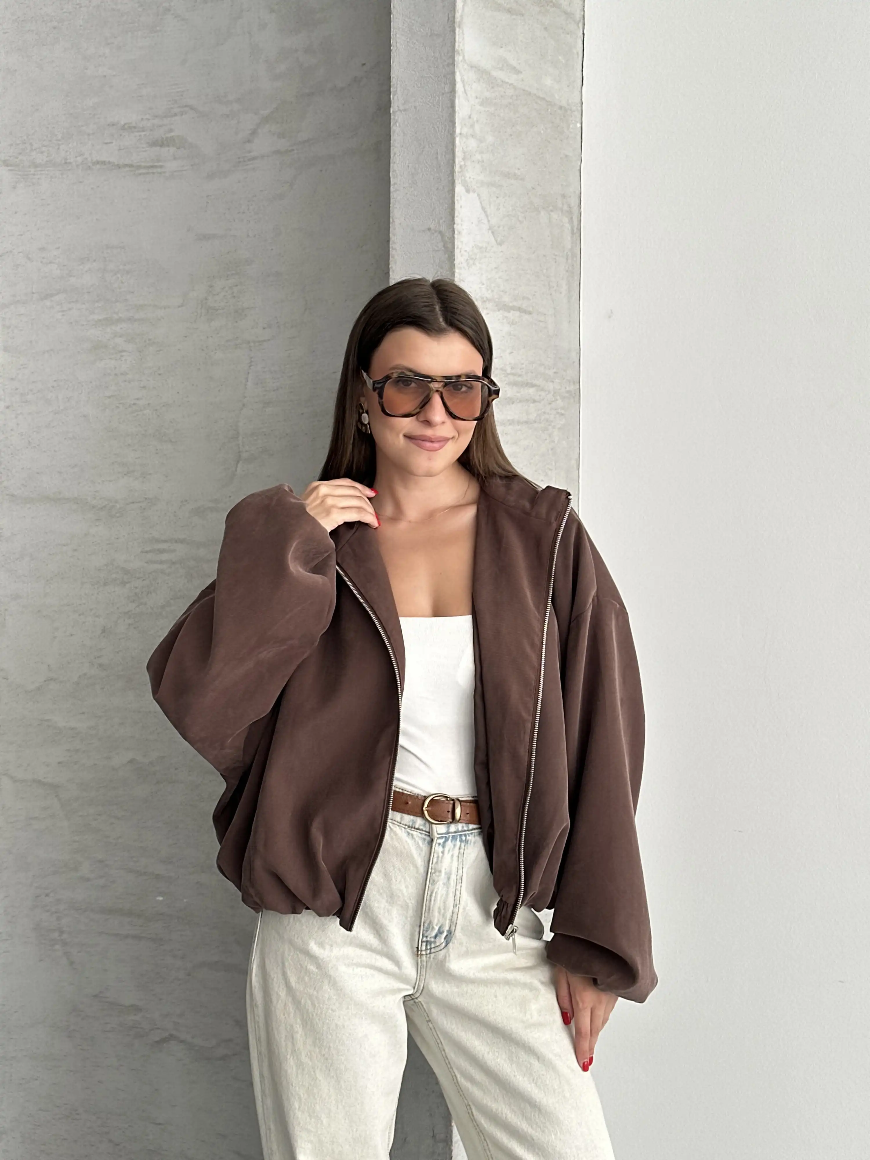 DİK YAKA ASTARLI BOMBER CEKET-KAHVE