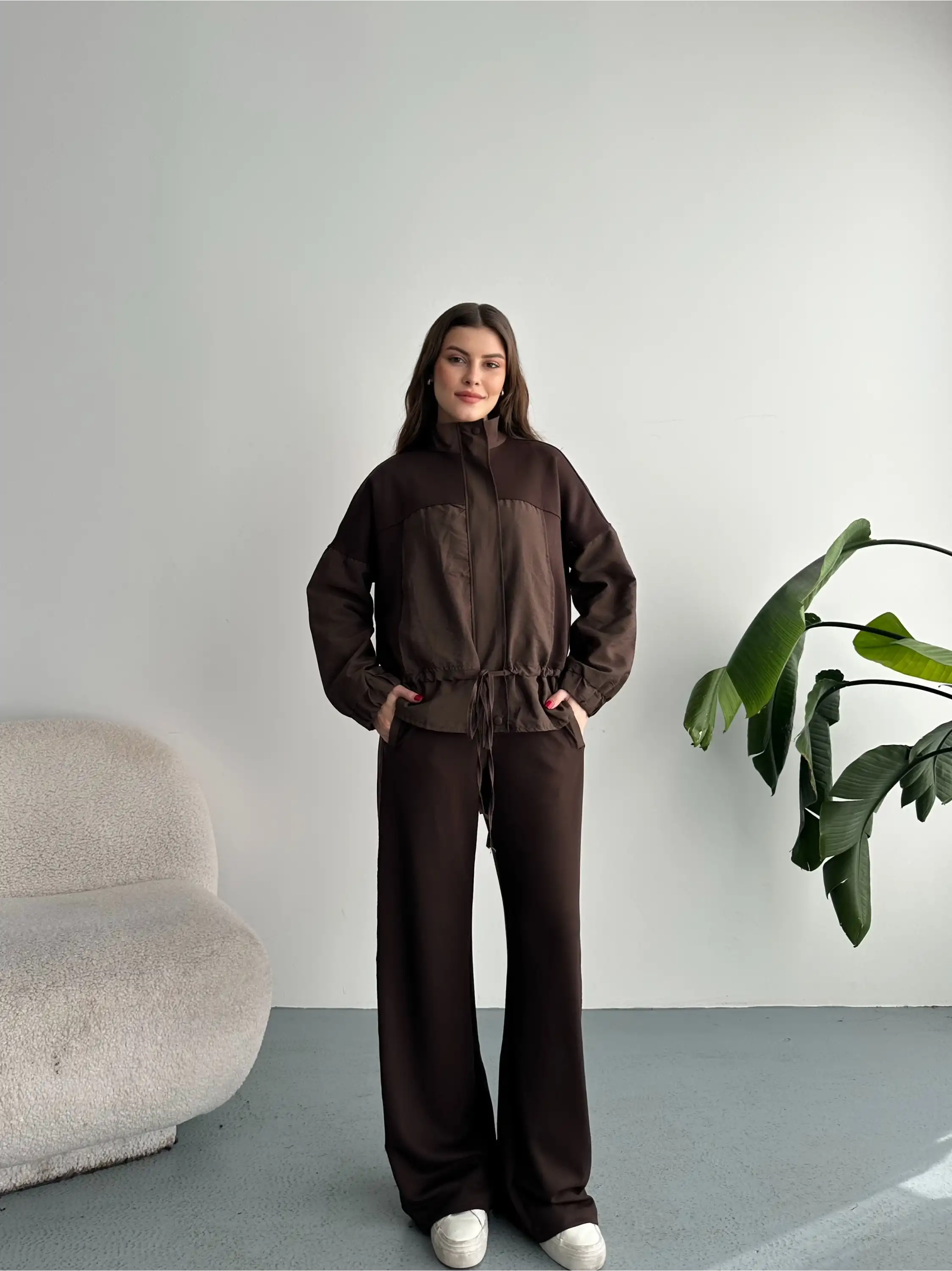 DİK YAKA FERMUARLI PARAŞÜT MODAL TAKIM-KAHVE