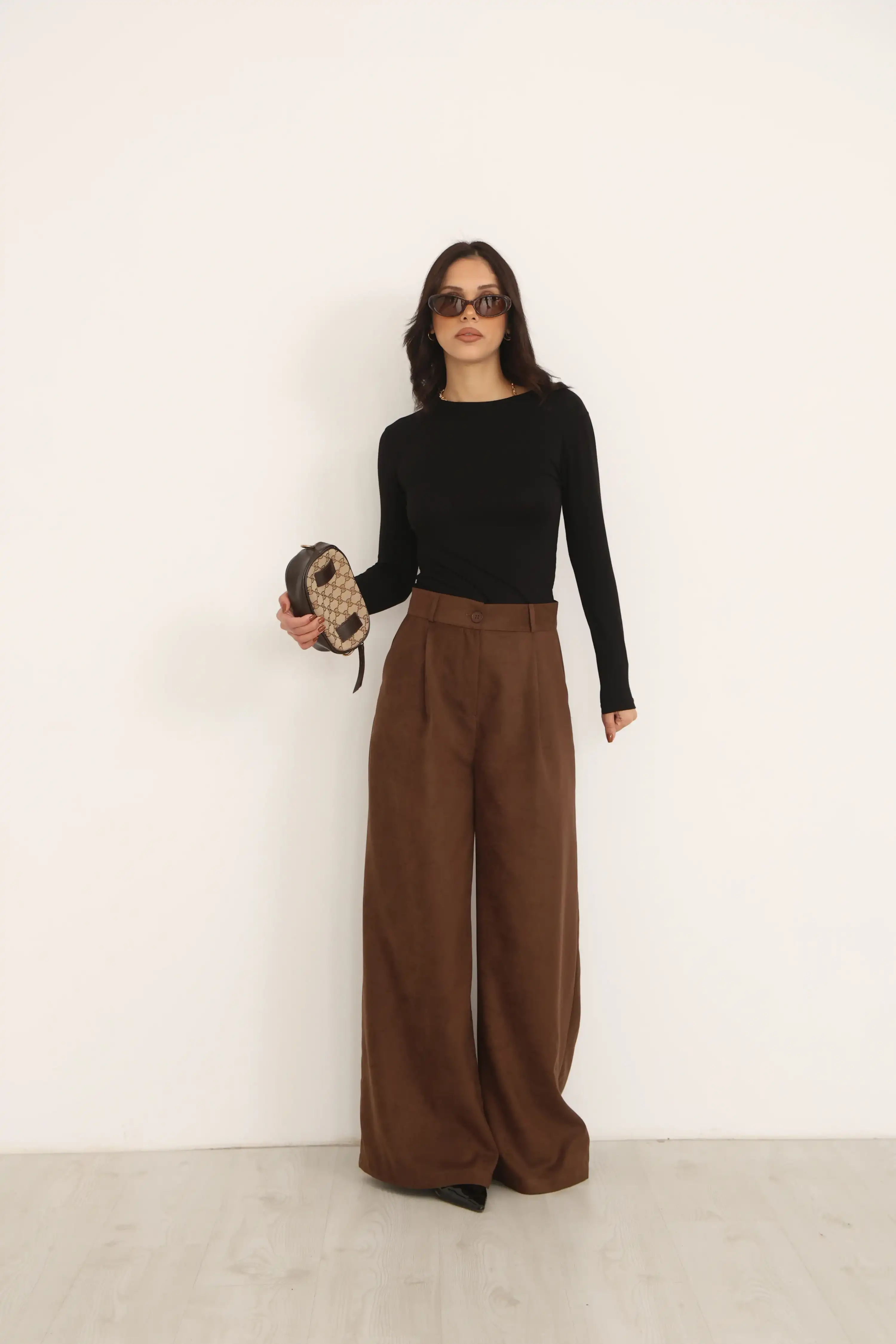 DÜĞMELİ GENİŞ PAÇA BOL KESİM PANTOLON-KAHVERENGİ