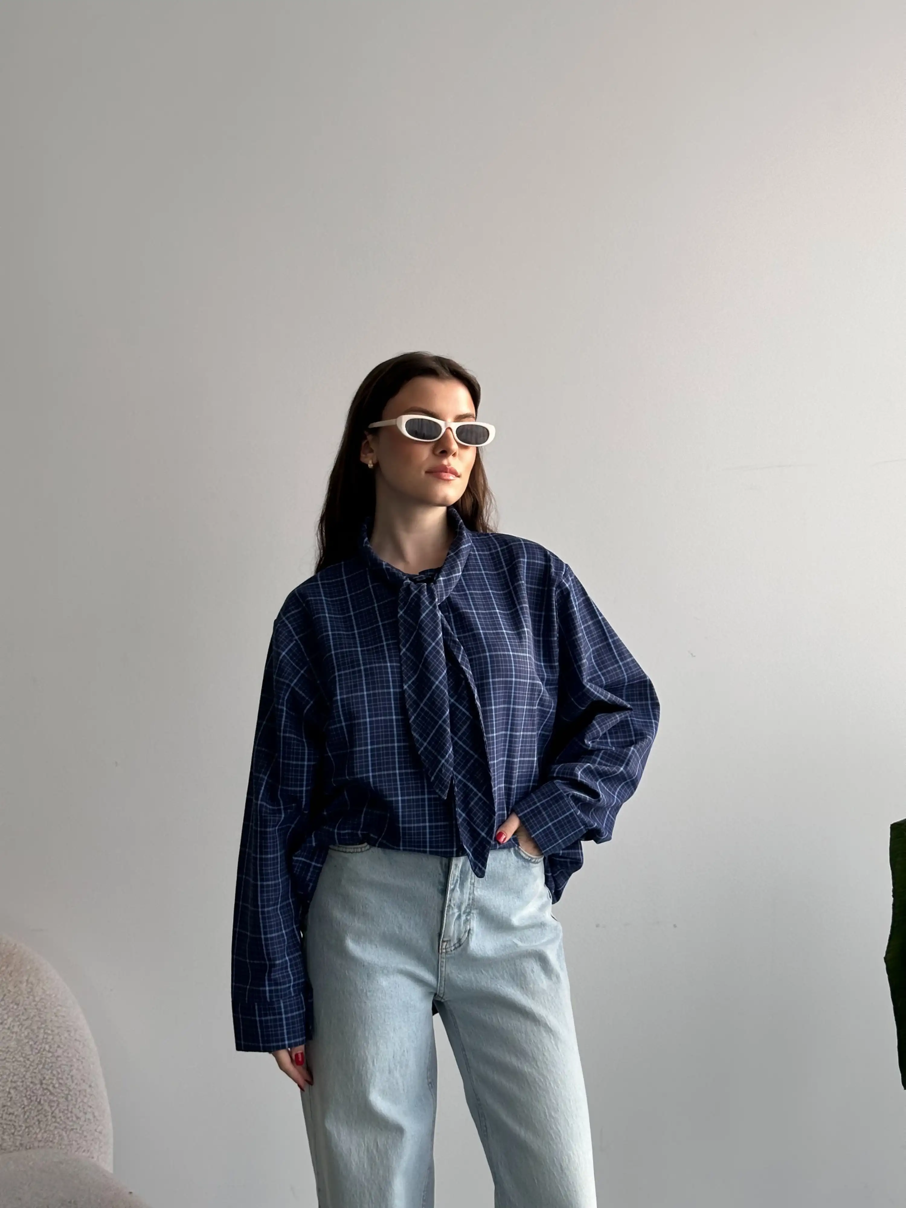 EKOSE FULAR DETAYLI GÖMLEK-MAVİ