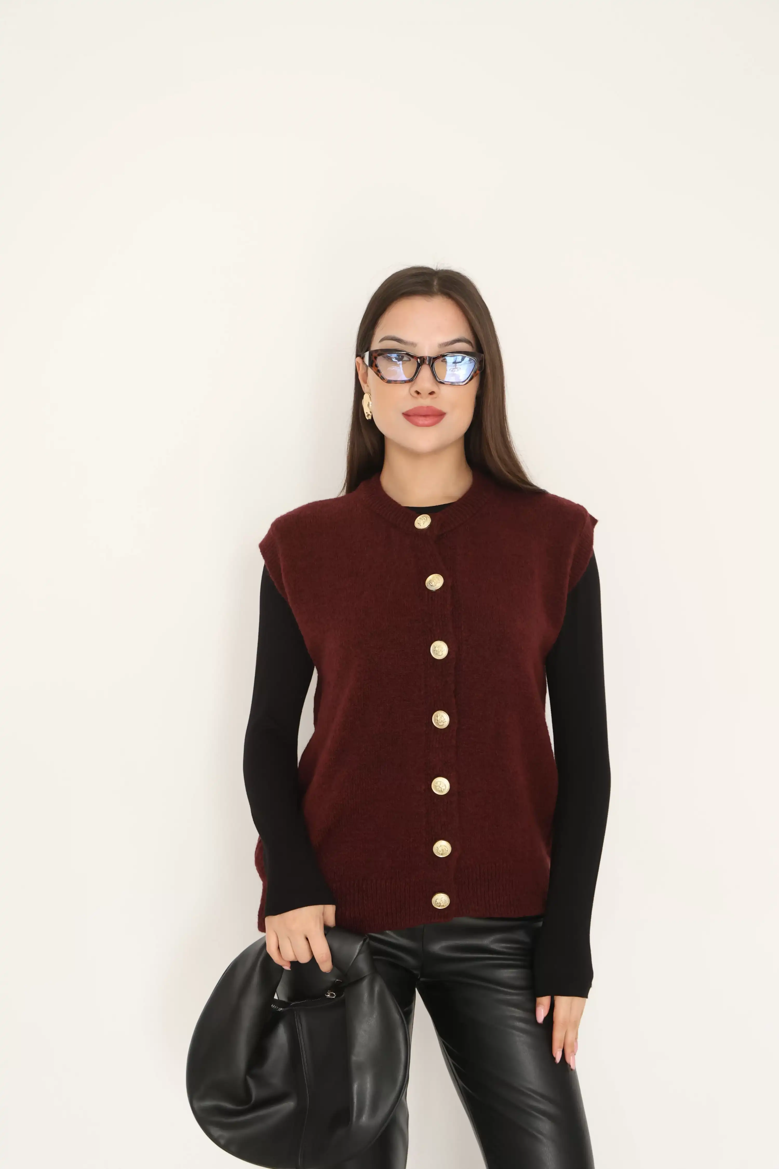 GOLD DÜĞMELİ YELEK TRİKO-BORDO