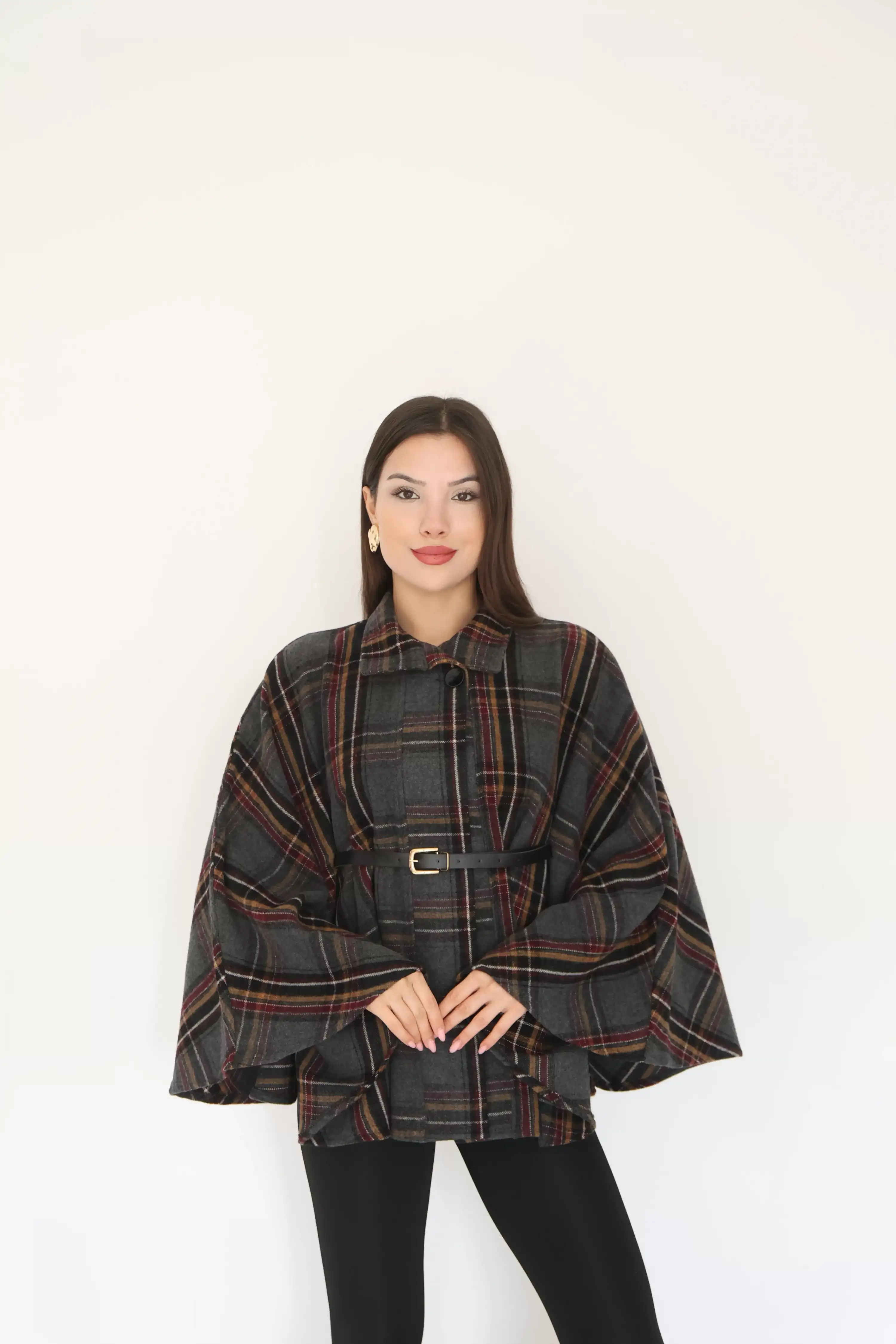 HAKİM YAKA KEMER DETAYLI KAŞE PANÇO-ANTRASİT