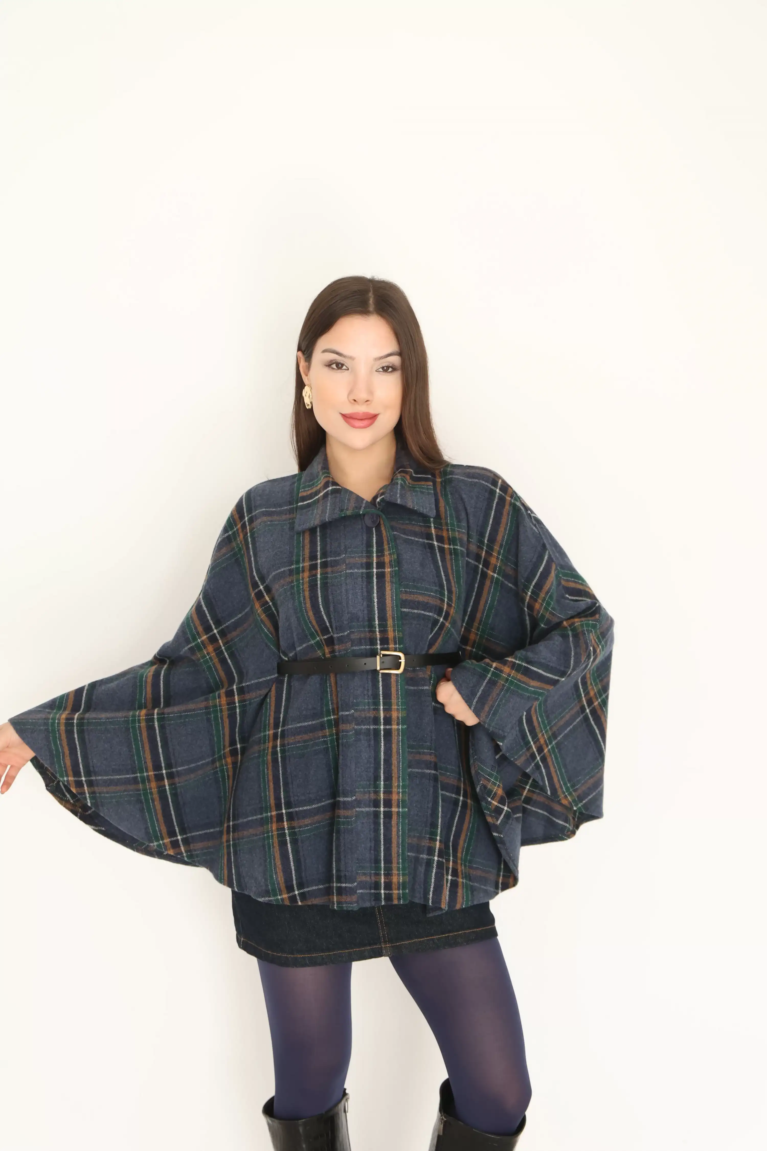 HAKİM YAKA KEMER DETAYLI KAŞE PANÇO-LACİVERT