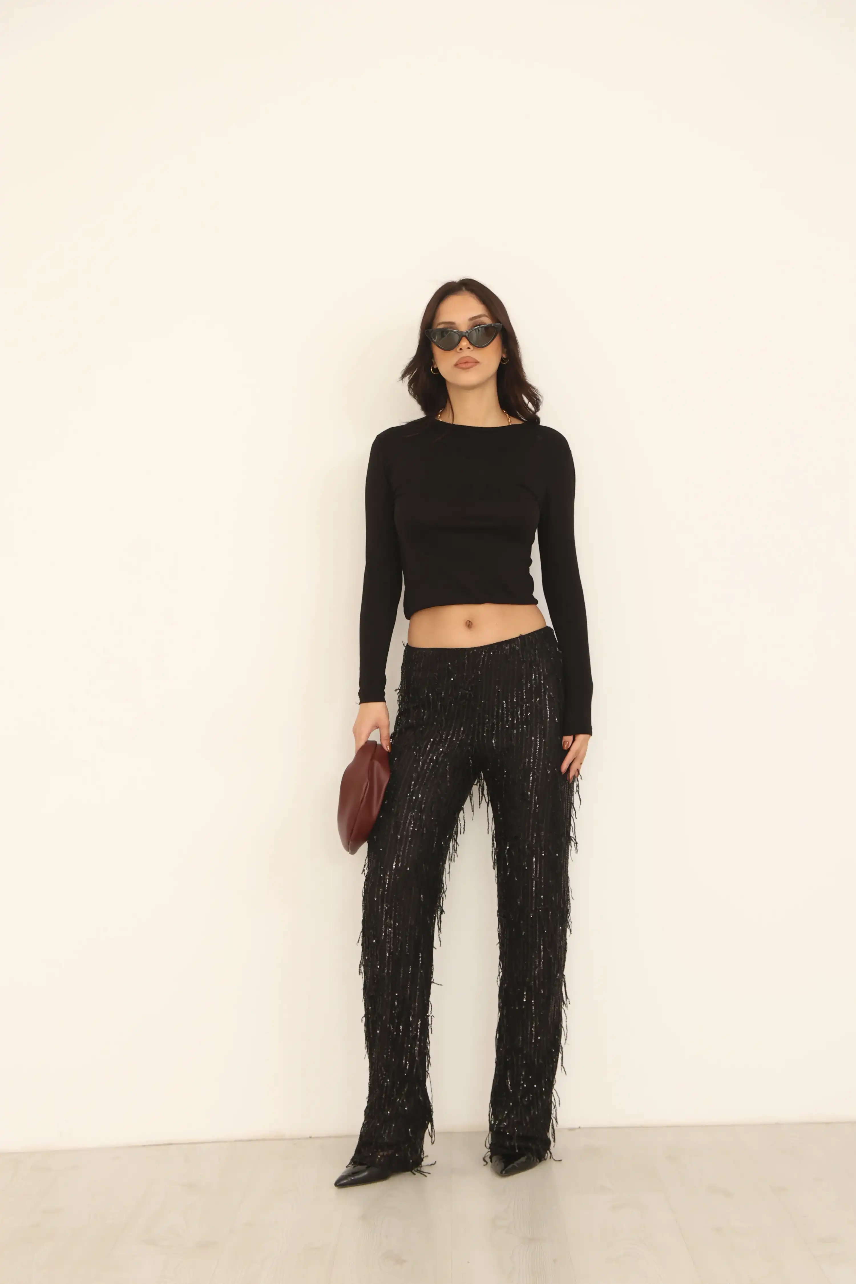 ISPANYOL PAÇA PULLU SATEN PANTOLON-SİYAH