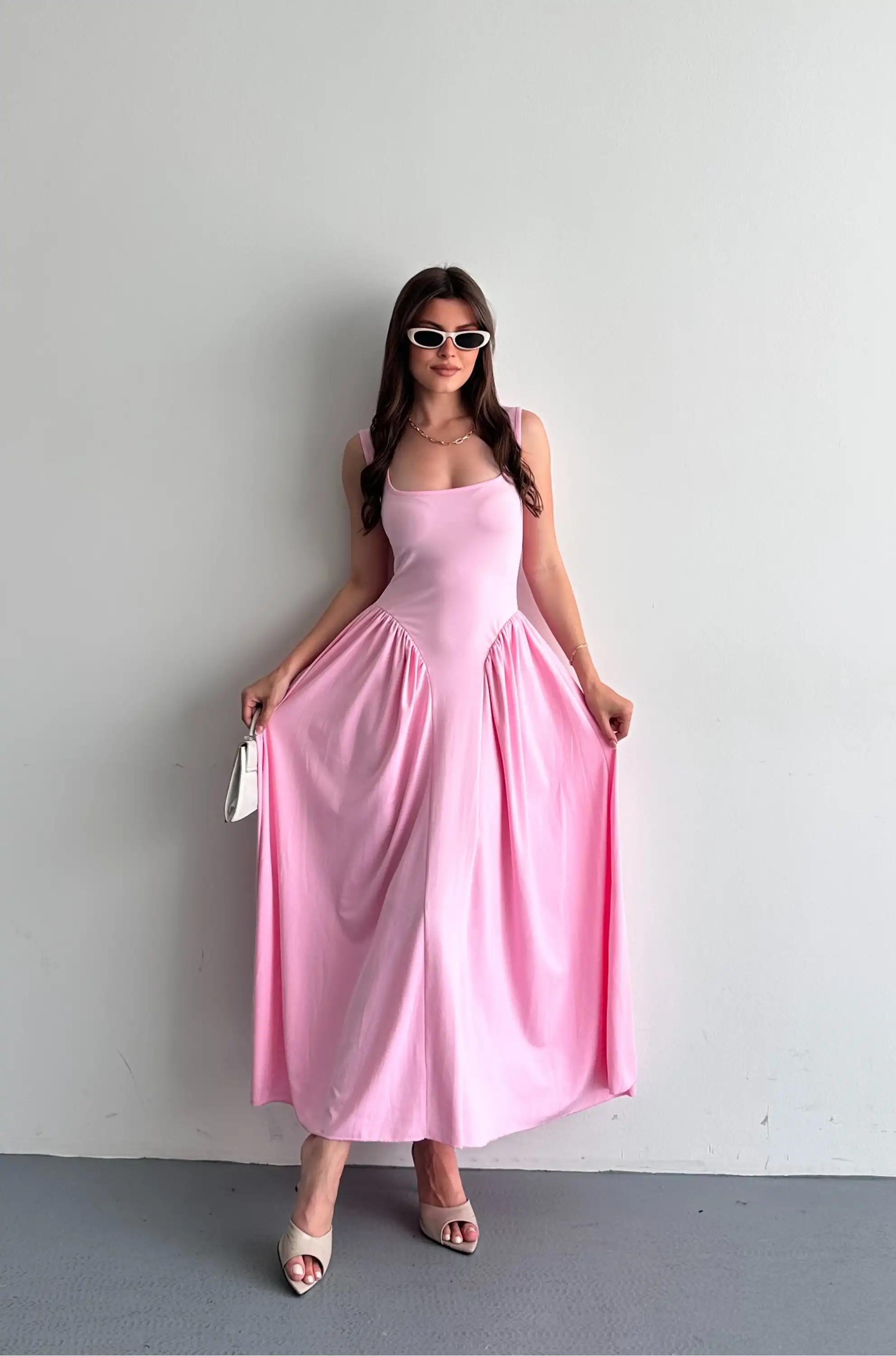 KARE YAKA YANLARDAN DRAPELİ KORSE GÖRÜNÜMLÜ ELBİSE-PEMBE