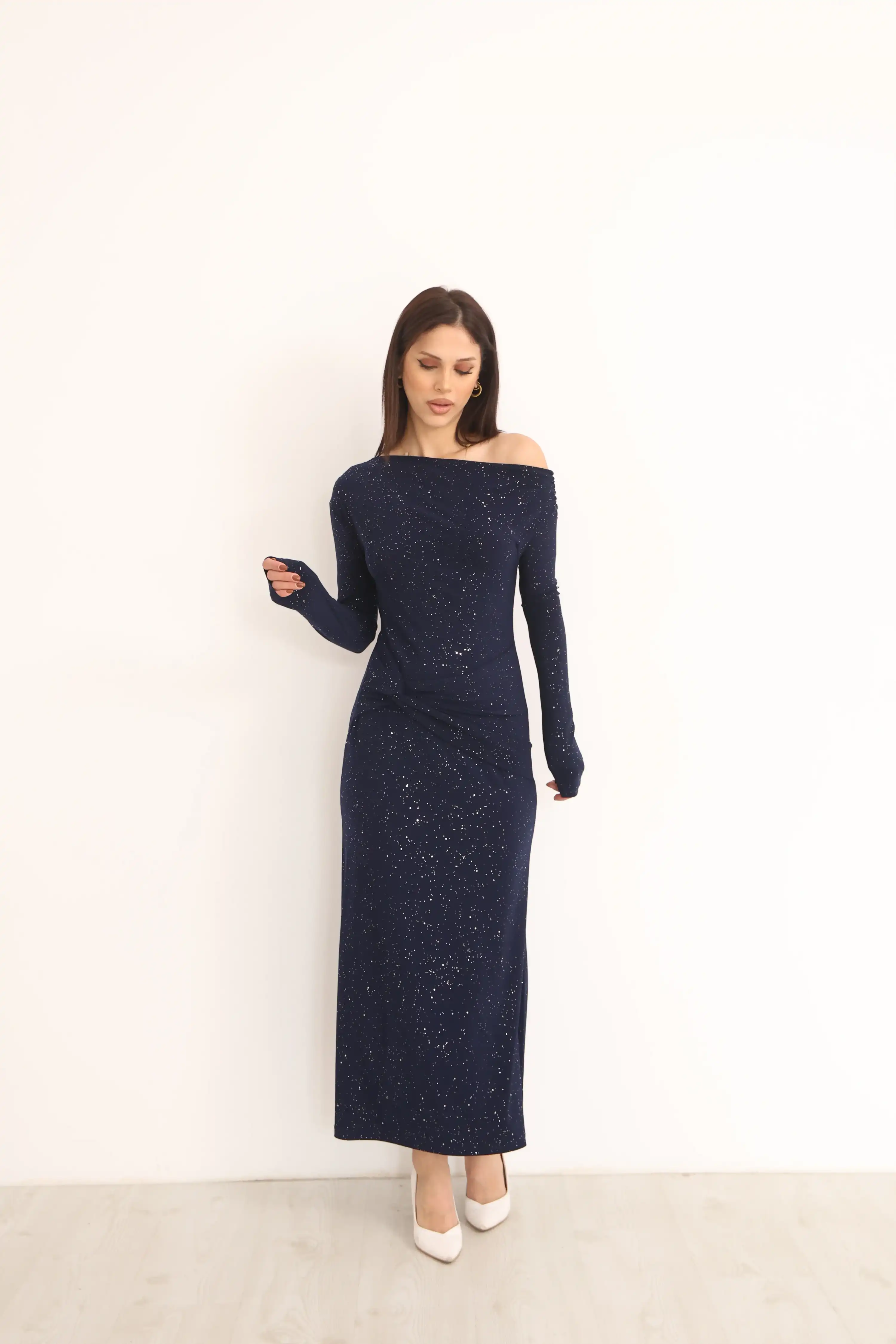 KAYIK YAKA BEL DETAYLI SİMLİ ELBİSE-LACİVERT