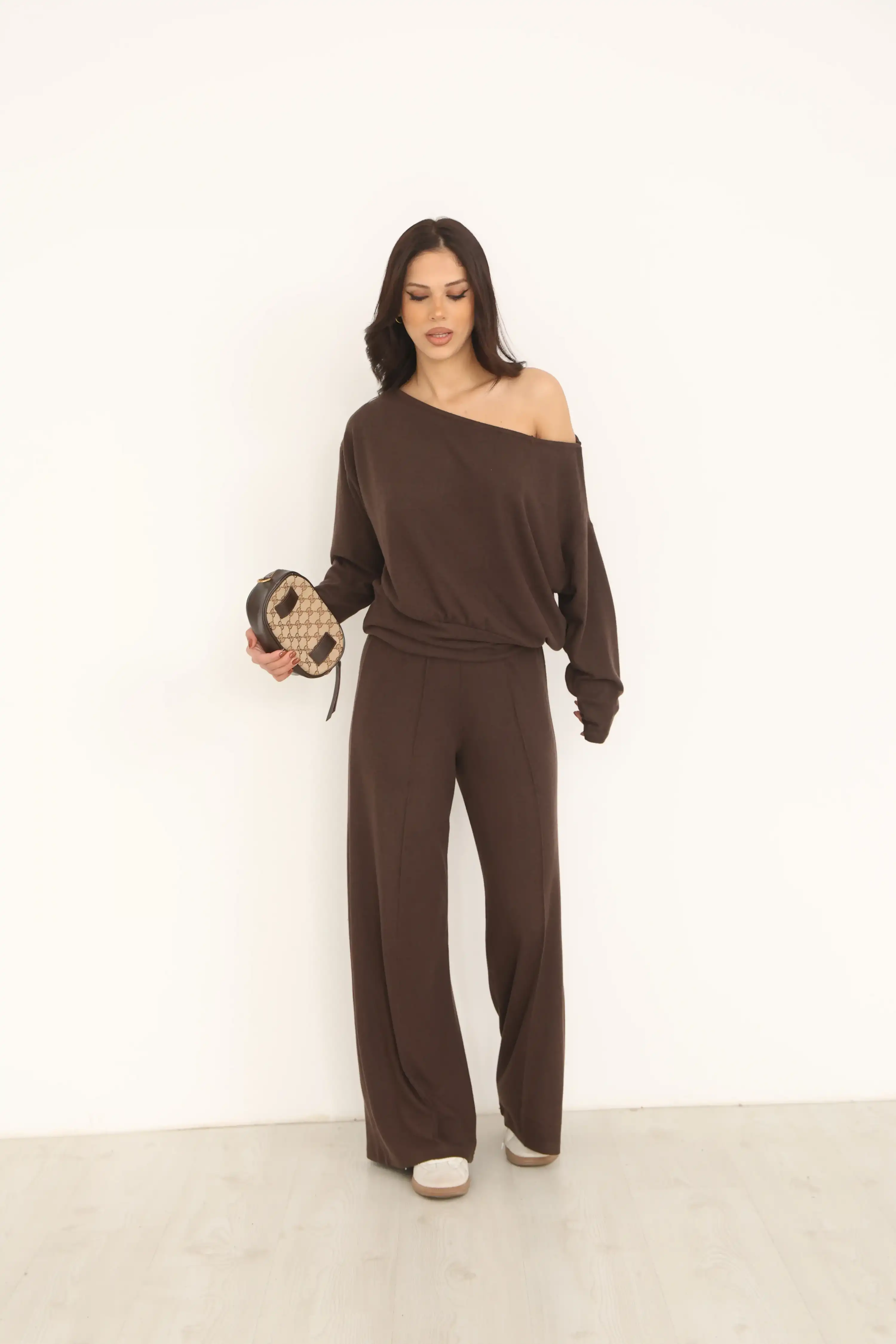 KAYIK YAKA MODAL İKİLİ TAKIM-KAHVE