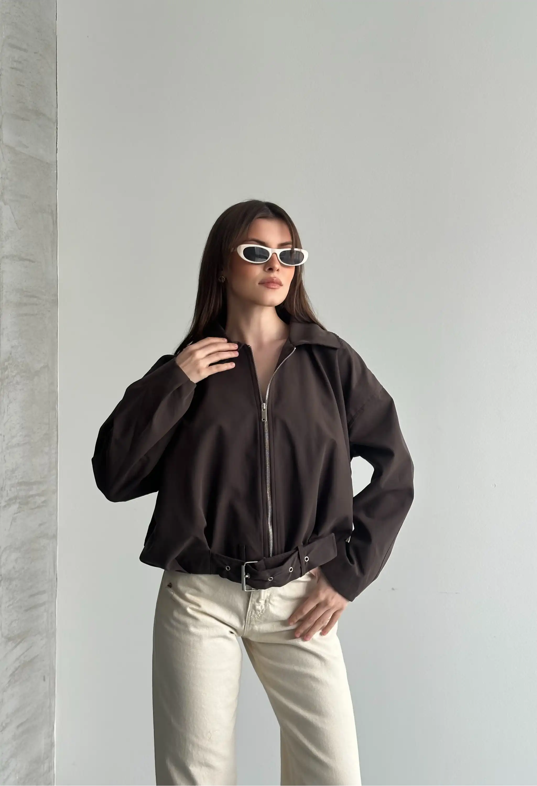 KEMER DETAYLI BOMBER CEKET-KAHVE