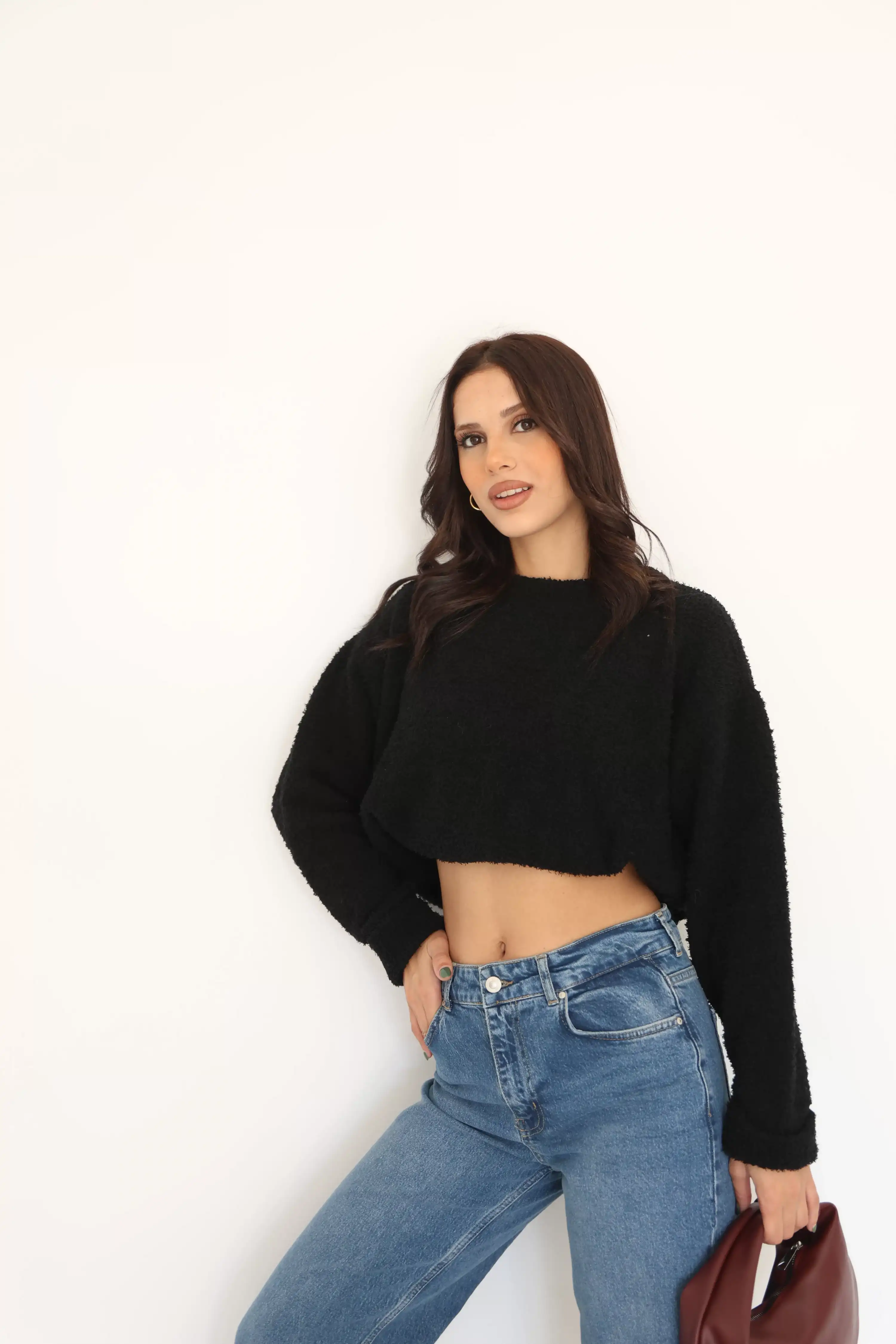 KOL KATLAMALI PELUŞ KAZAK-SİYAH